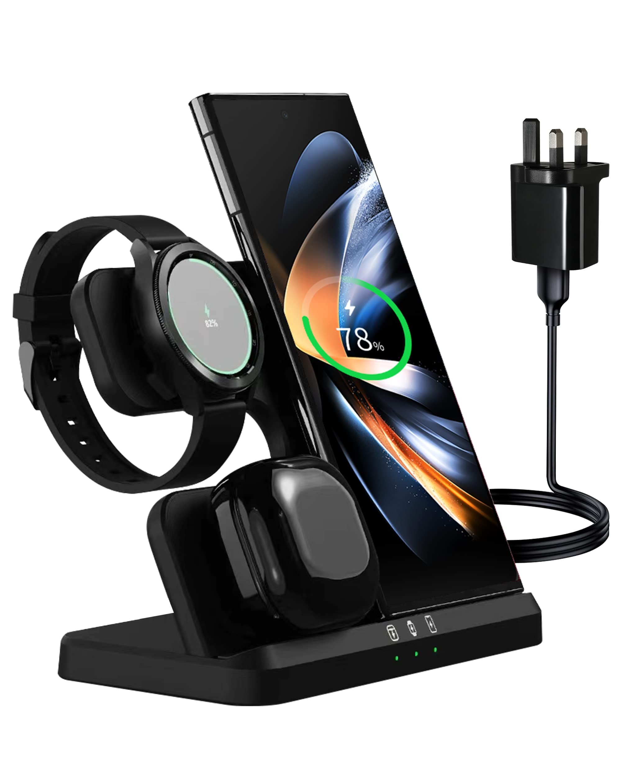 DGBAY Samsung 3 in 1 Wireless Charging Station, Fast Charger with 18w Adapter for Samsung Galaxy Watch 5 Pro/4/3, Phone S21 S22 S23 Ultra, Z Flip Fold Series, Note 20/10/9 & Buds 2 Pro/Live (Black)