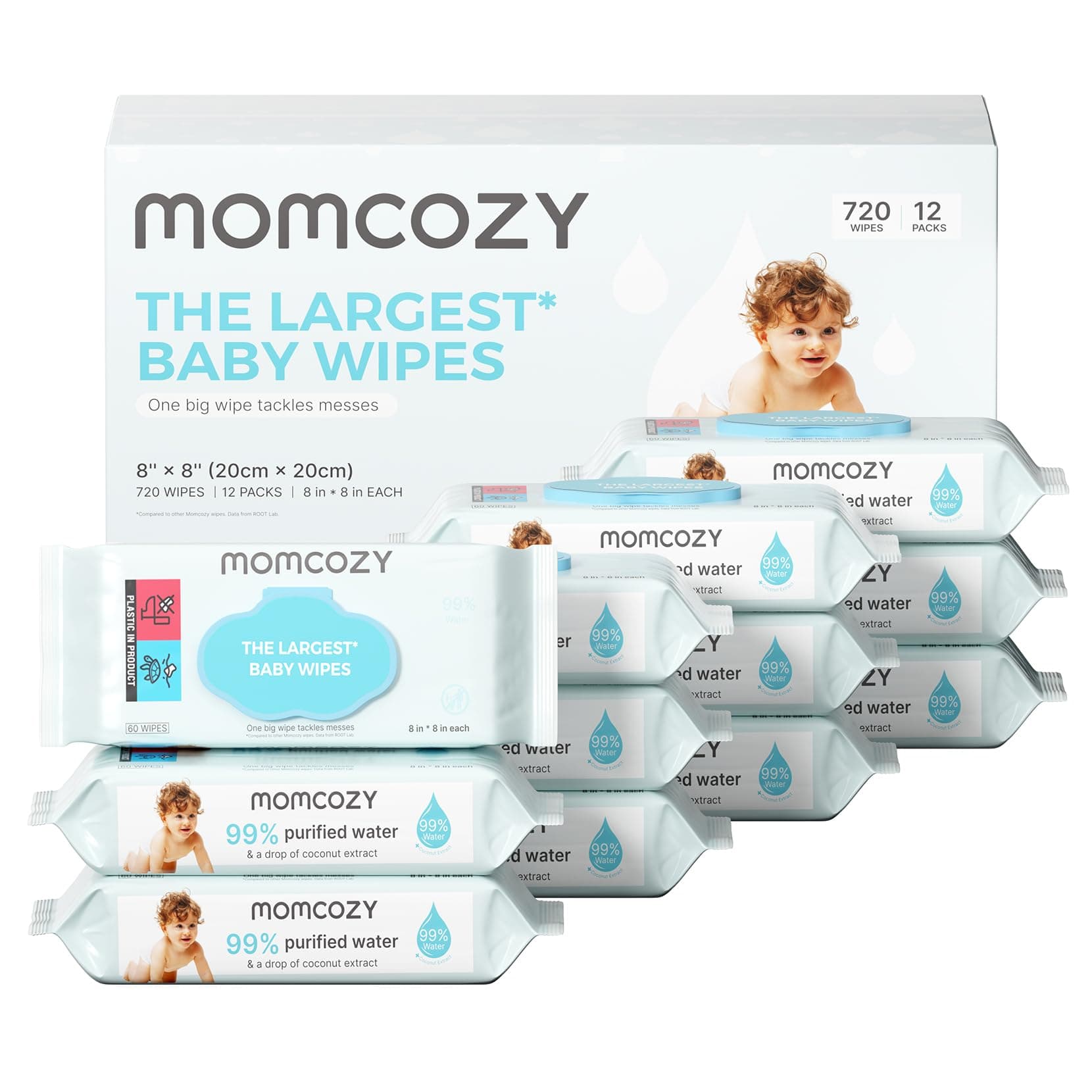 Baby Wipes-Extra Large Size Design, 99% Water Based, Unscented & Hypoallergenic, Cleansing & Moisturizing Baby Wipes for Sensitive Skin, 12 Flip-Top Packs (720 Wipes Total)