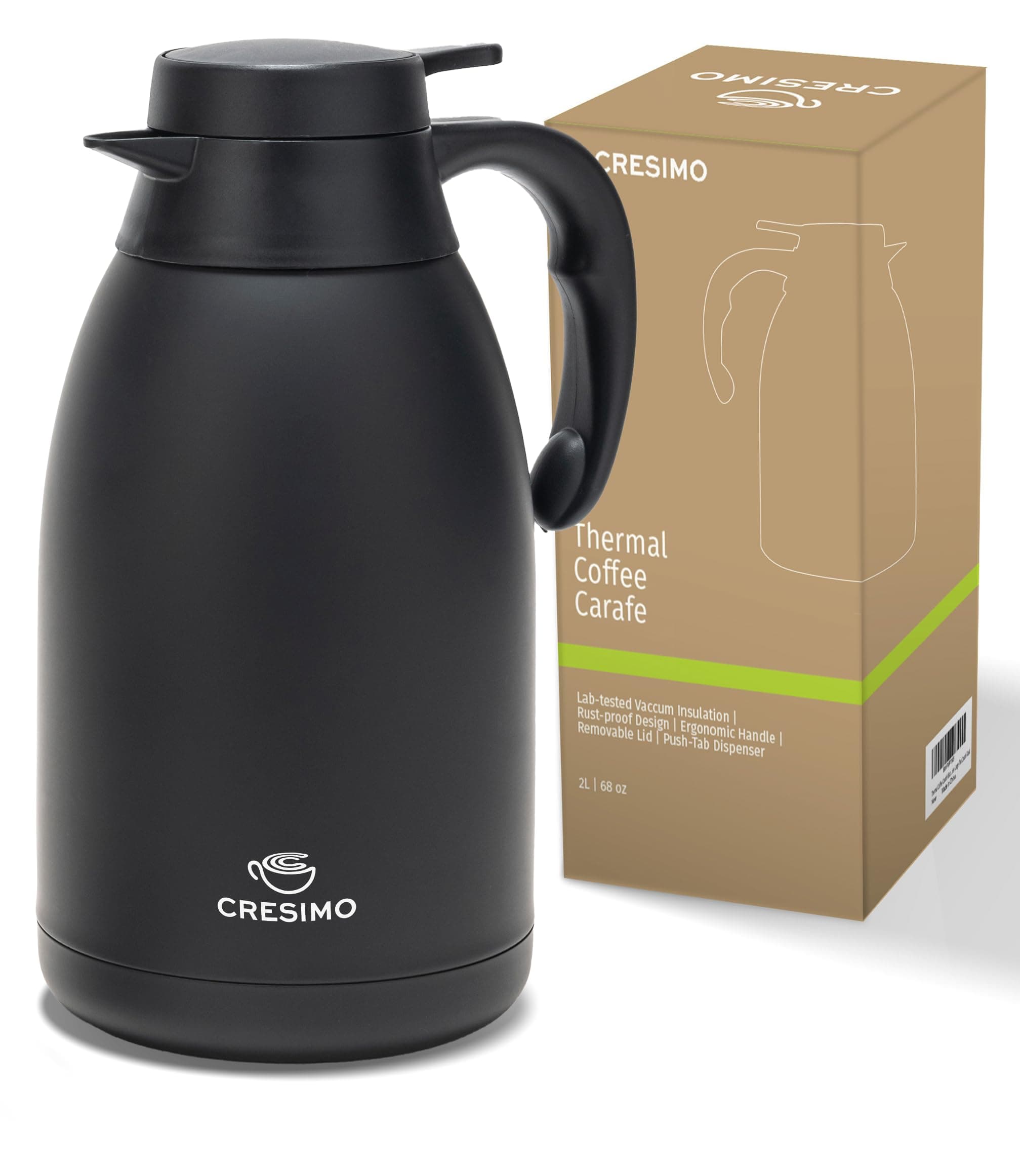 Thermal Coffee Carafe 68 oz by Cresimo – Updated 2025 Model – Insulated Black Stainless Steel Coffee Urn & Drink Dispenser, Keeps Drinks Hot 12h / Cold 36h – Durable & Easy to Pour