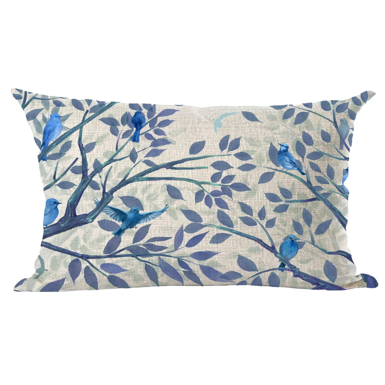 Ramirar Ink Painting Watercolor Blue Lovely Birds Tree Leaves Spring Summer Decorative Lumbar Throw Pillow Cover Case Home Living Room Bed Sofa Car Cotton Linen Rectangular 12 x 20 Inches