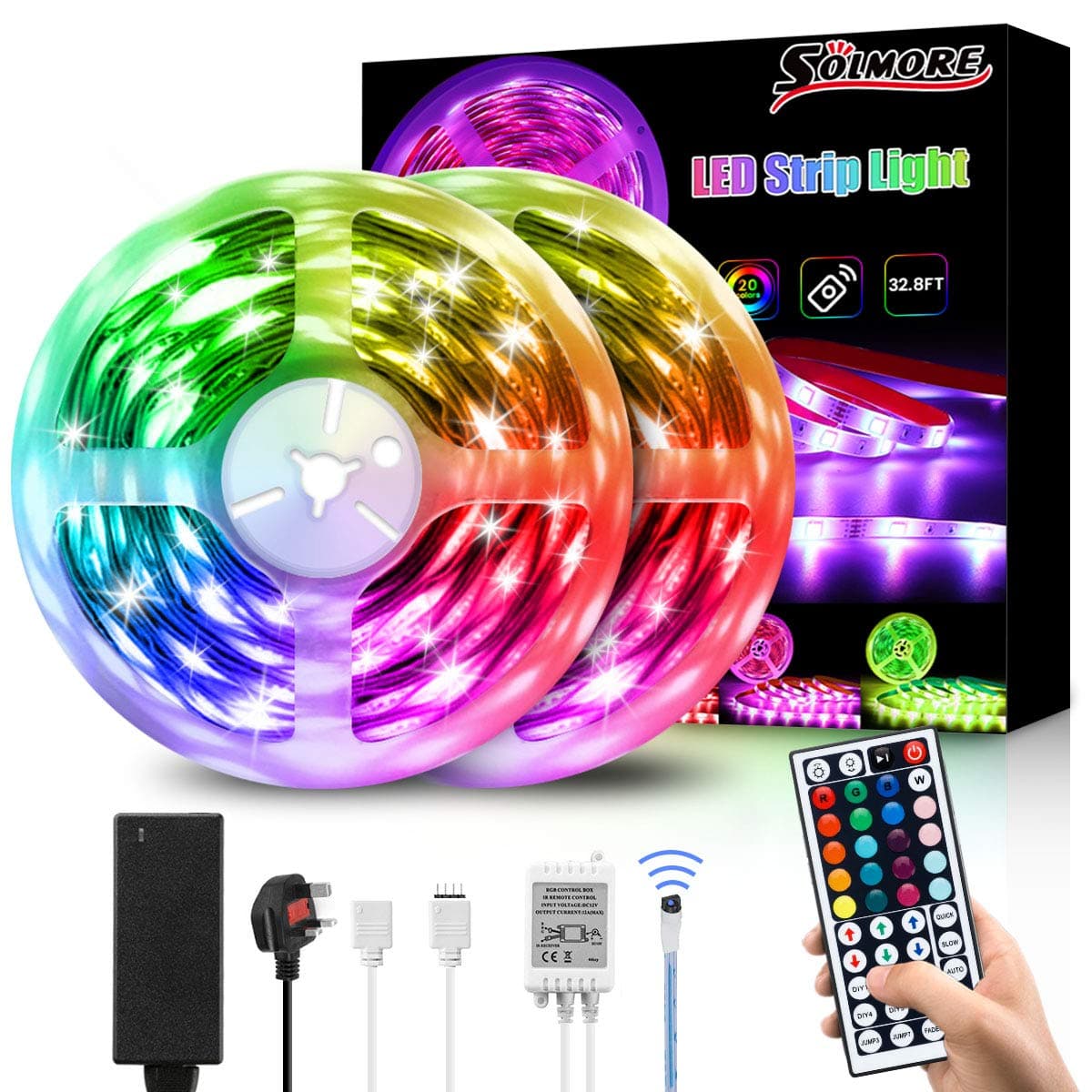 LED Strip Lights 10M, SOLMORE 5050 RGB Led Light Strip 5Mx2, Multicolor Mood Lights with 300 LEDs, IP65 Waterproof, DIY with Remote Control, LED Strips for Room Ceiling Indoors/Outdoors