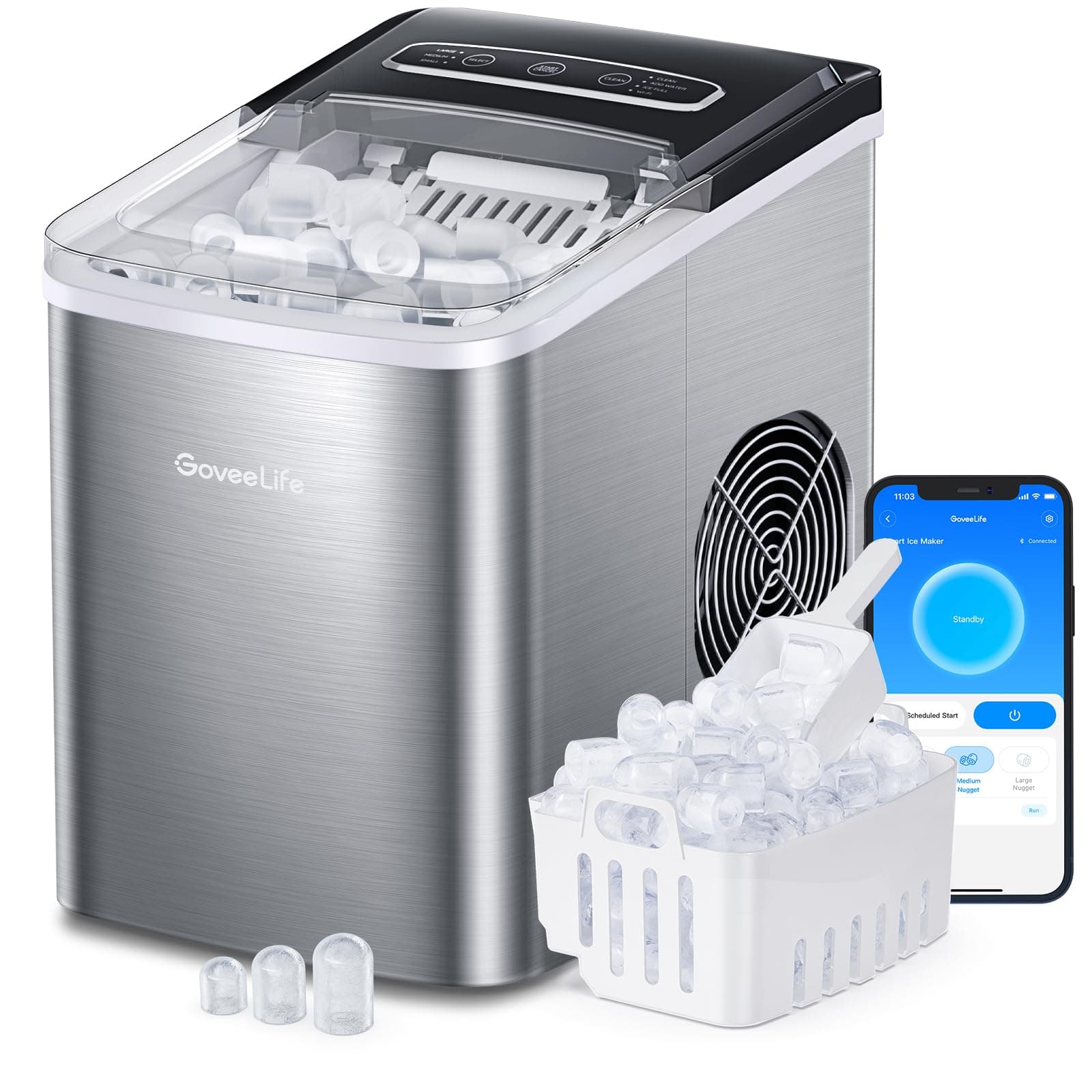 Smart Countertop Ice Makers, Portable Ice Maker Machine with Self-Cleaning, 6 Mins 9 Bullet Ice, 26lbs/24Hrs, Voice Remote for Home Kitchen Party Camping, with Ice Scoop Stainless Silver