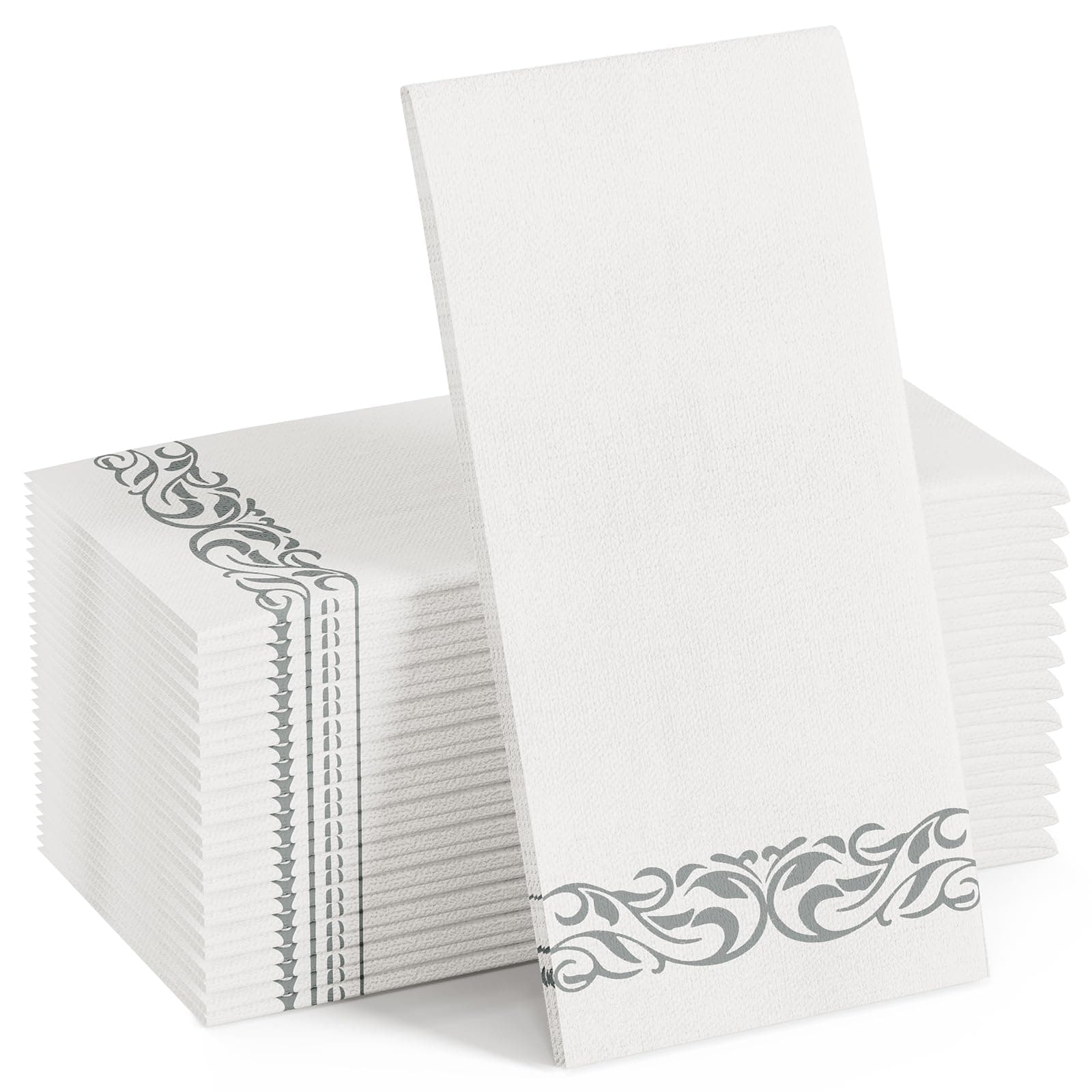 FOCUSLINE 100 Linen Feel Bathroom Napkins, Soft and Absorbent Disposable Guest Towels, Cloth-Like Paper Hand Towels Decorative Napkins for Dinners, Parties, Weddings or Events, Silver, 12" x 17"
