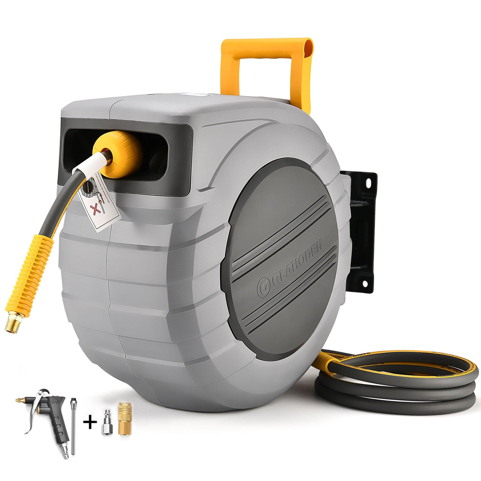 GLAHODEN Air Hose Reel 100 Ft Retractablel, 3/8 in x 100 Ft Hybrid Hose Air Compressor Hose Reel with 6 Ft Lead in Max 300 PSI Patented Design for Any Length Lock 180°Swivel Bracket Quick Coupler
