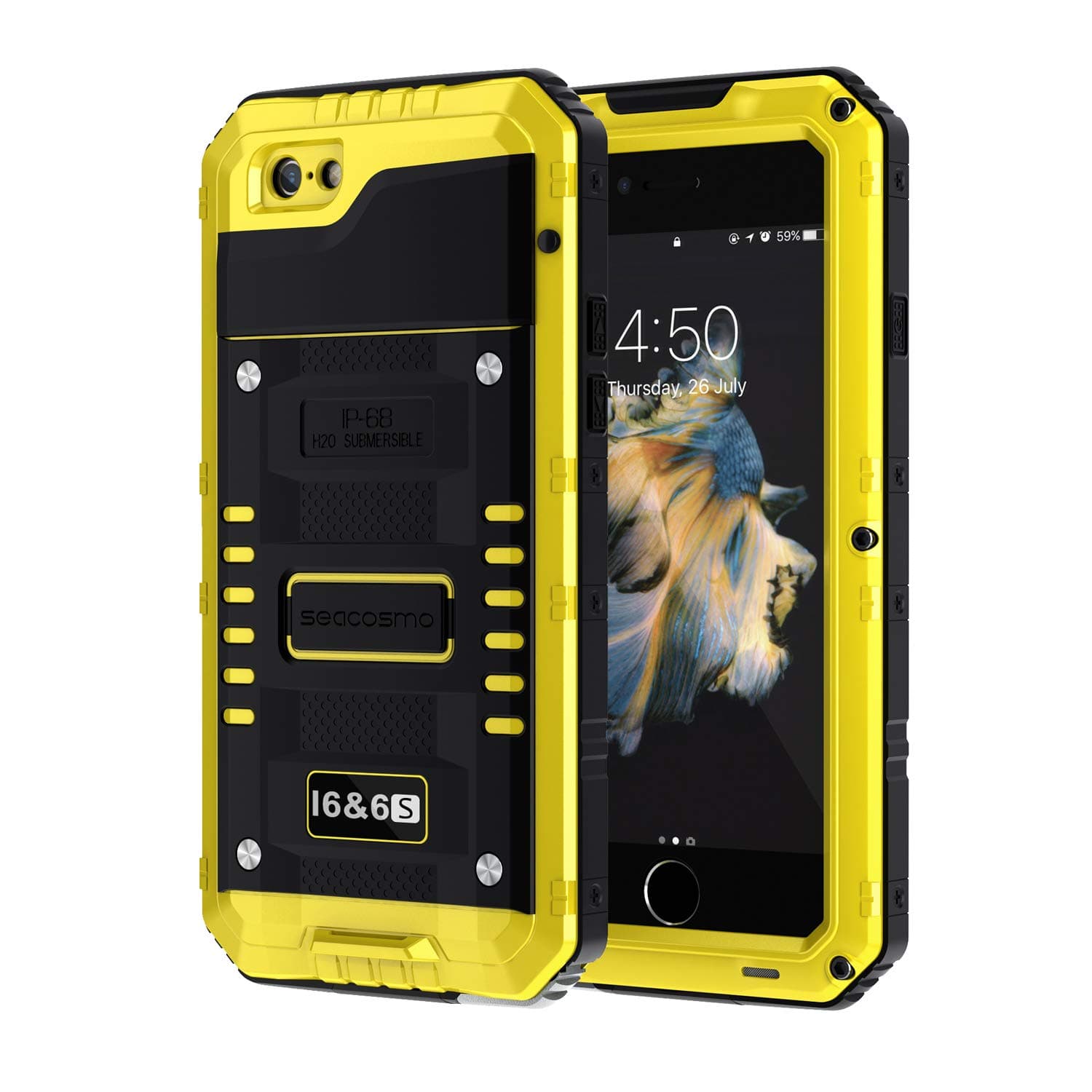 seacosmo for iPhone 6/6S Case, Military Grade IP68 Waterproof Shockproof Full Body Sealed Underwater Case with Built-in Screen Protector Heavy Duty Metal Rugged Case for iPhone 6/6S, Yellow