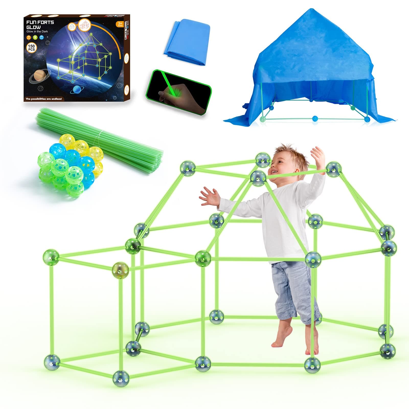 Kids Fort Building Kit, 150 Pieces Glow in The Dark STEM Activities Construction Toys for Age 3 4 5 6 7 8 Boys Girls Magic Air Fort Builder Toy Indoor Outdoor DIY Fun Forts Castles Tunnels Play Tent