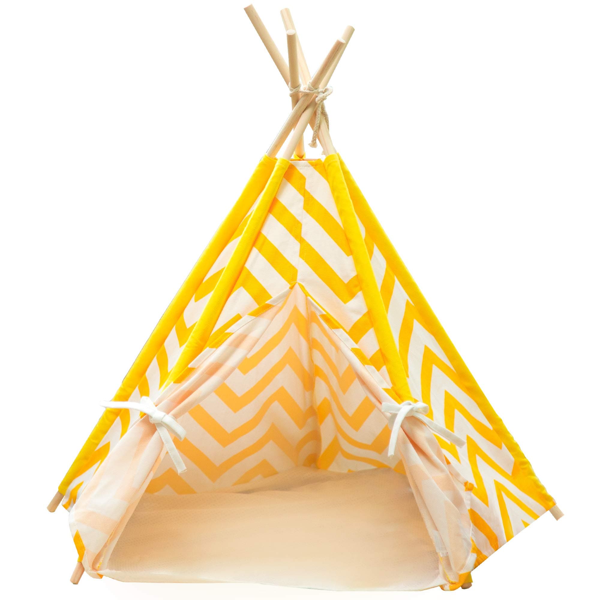 Samincom Pet Cat Dog Teepee, 5-Sided House Indian Tents, Wood Canvas Tipi Fold Away Pet Tent Small Animals Bed, Yellow Stripe