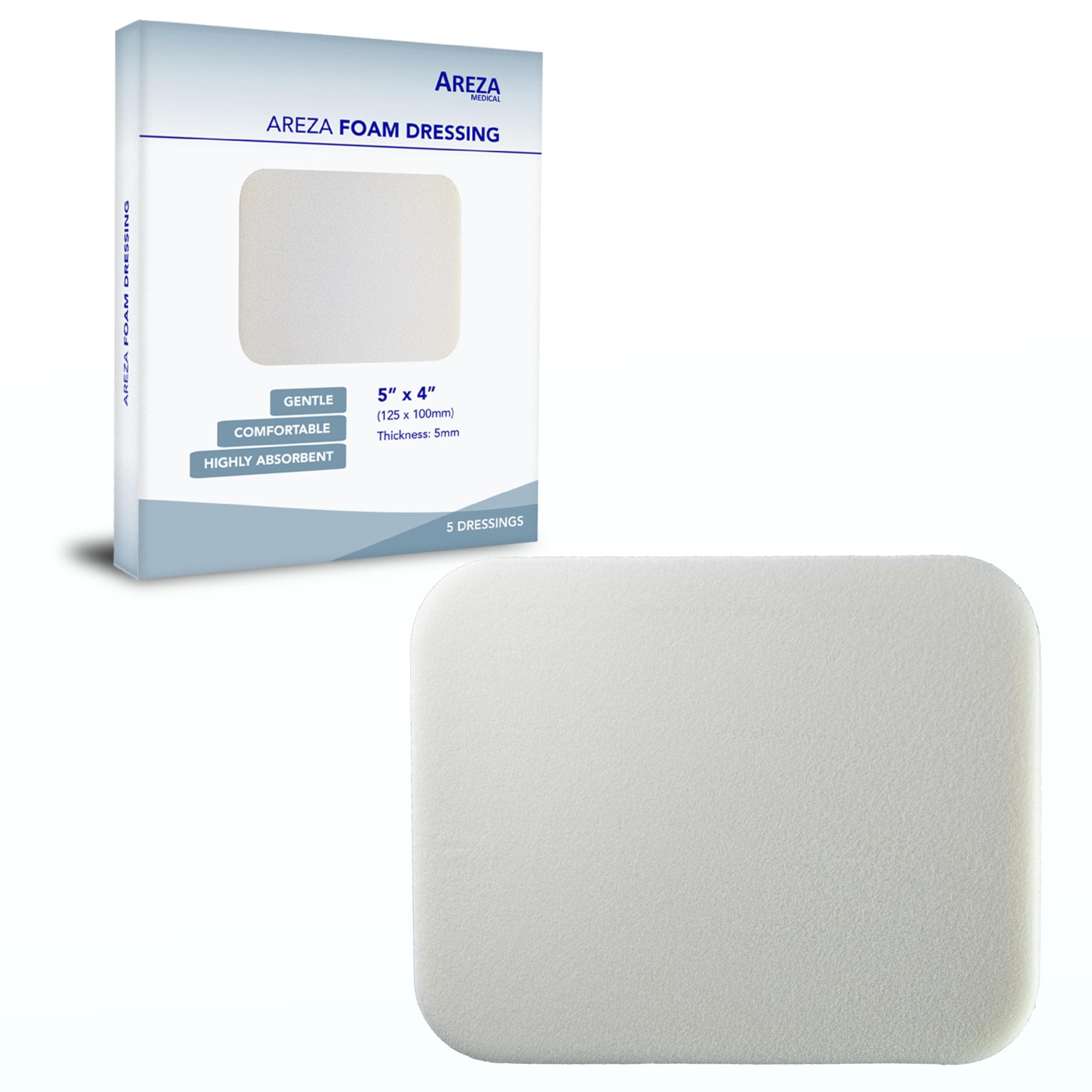 Areza Medical Foam Dressing Polyurethane 5"x4" 12.5 cm X 10 cm Box of 5 Sterile (1)