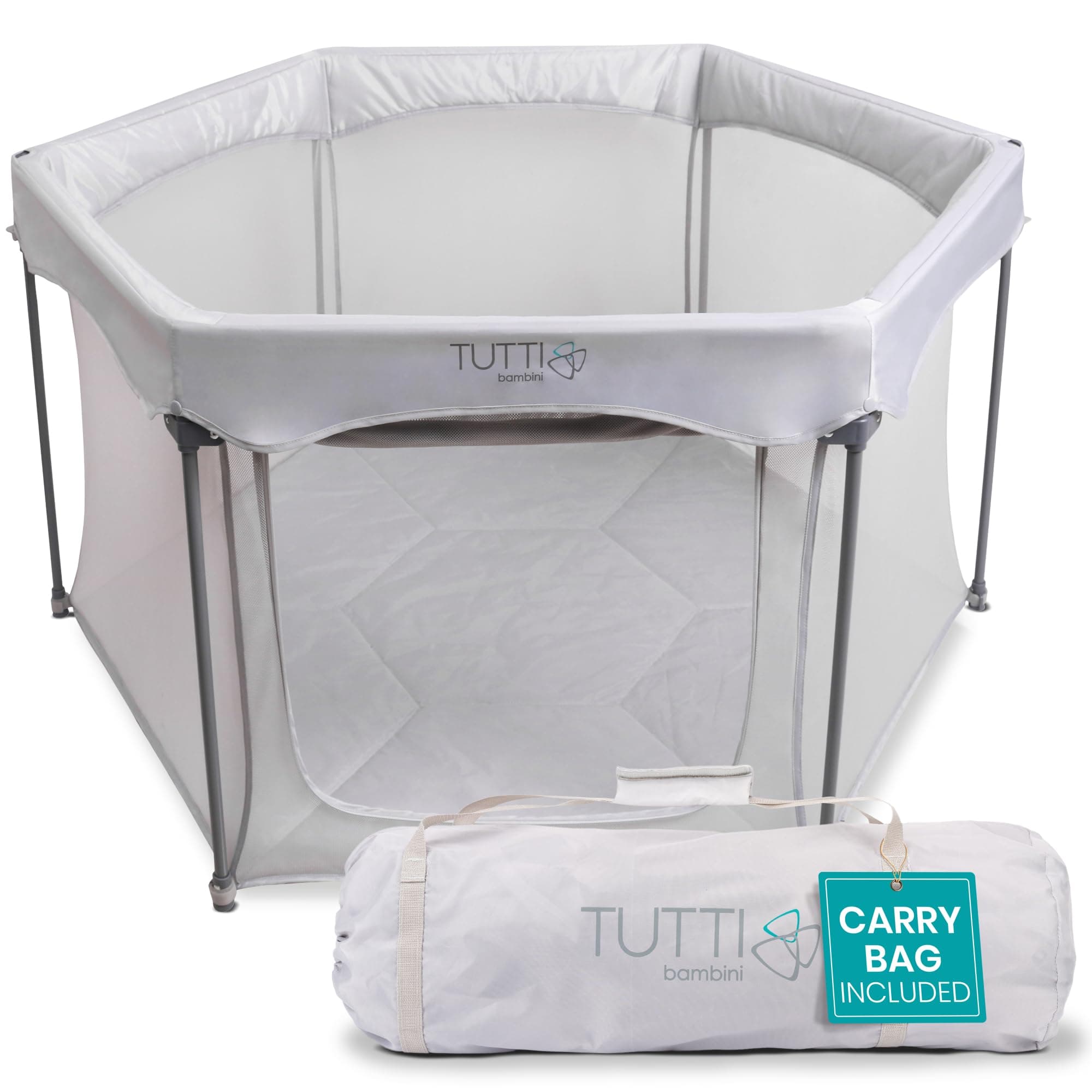 Baby & Playpen - Foldable Playpen for Toddlers with Breathable Mesh Walls, Padded Frame, Zip Door & Fitted Mat, Travel Bag (135 x 135 x 75 cm), Silver