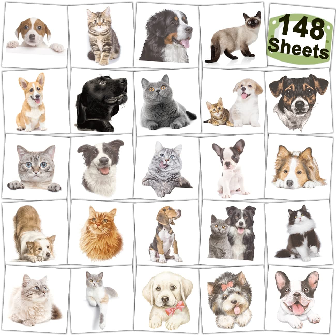 148 PCS Dog Cat Temporary Tattoos for Kids - 3D Individual Puppy kitten Tattoos for Boys Girls Animals Birthday Party Favors Goodie Bag Fillers
