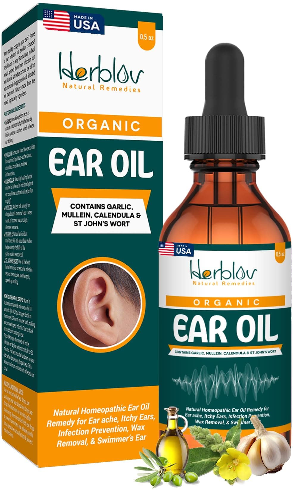 Organic Ear Oil for Ear Infections - Natural Eardrops for Infection Prevention, Swimmer's Ear & Wax Removal - Kids, Adults, Baby, Dog Earache Remedy - with Mullein, Garlic, Calendula, Made in USA