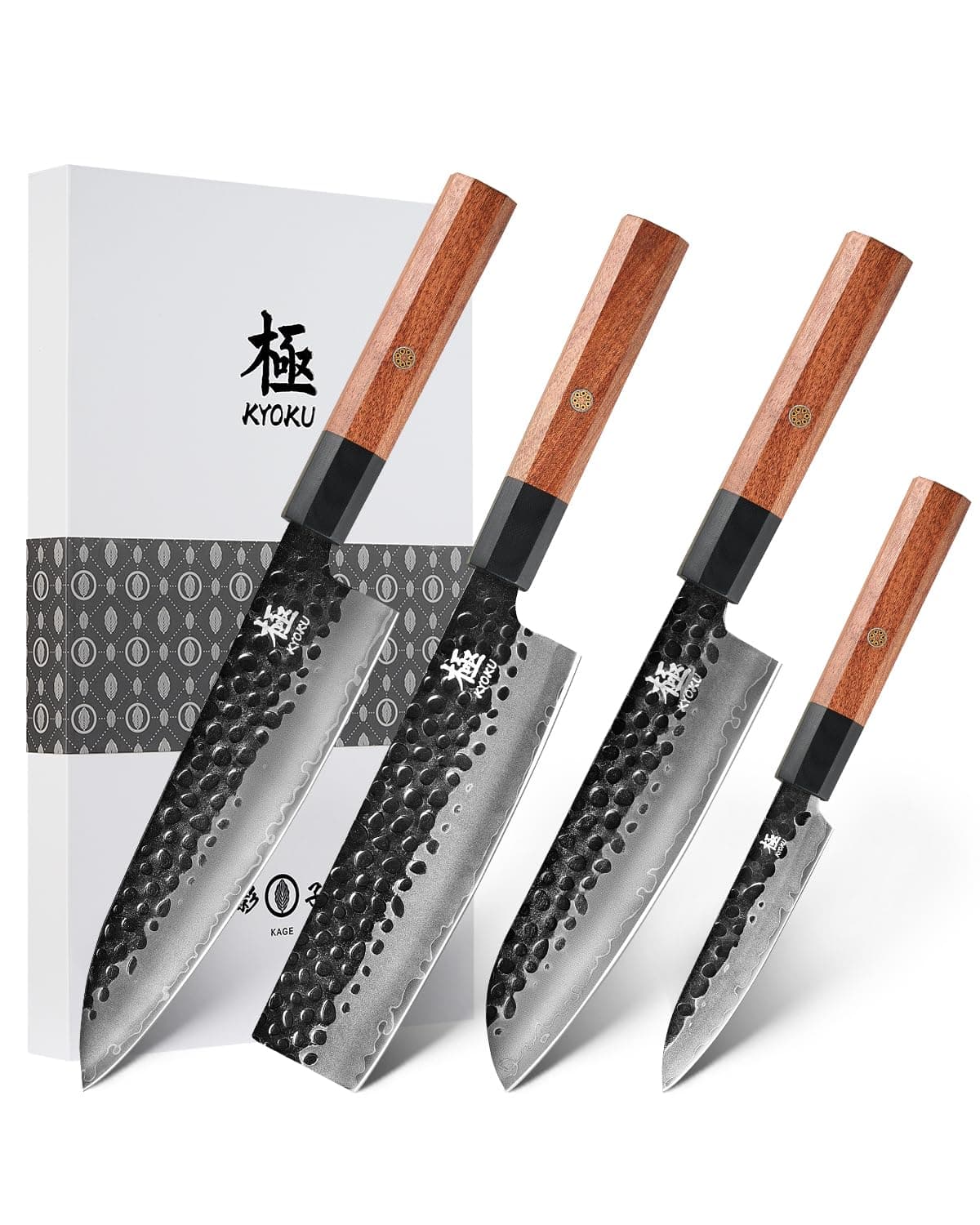 KYOKU 4pc Knife Set, Kage Series Japanese Kitchen Knife Set with Chef Utility Santoku Nakiri Knife, Professional Japanese Style Knives for Chopping Slicing Mincing with Sheaths & Gift Box