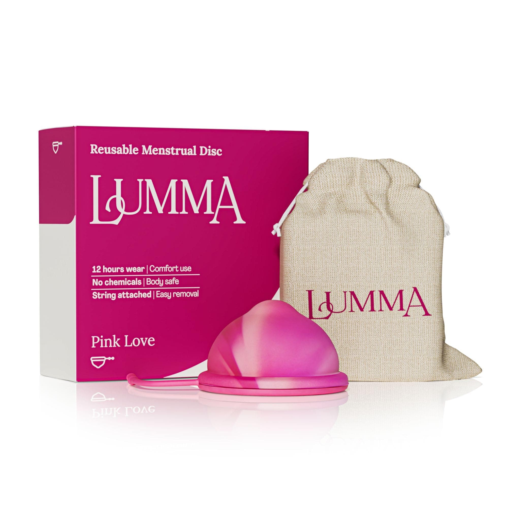 LUMMA Menstrual Disc - Includes Carrying Pouch and Silicone String for Easy Removal - Comfortable & Sustainable Choice to Tampons - Reusable Medical Grade Silicone, Leak-Proof - Pink Love, High-Cervix