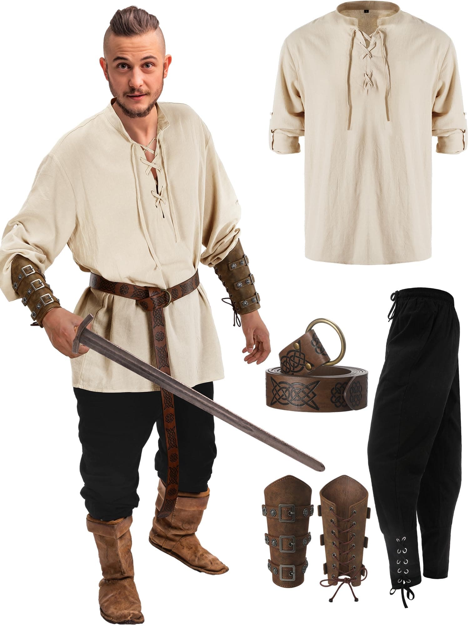 4 Pcs Halloween Men's Renaissance Costume Set Medieval Pirate Shirt Ankle Banded Pants Viking Belt Accessories