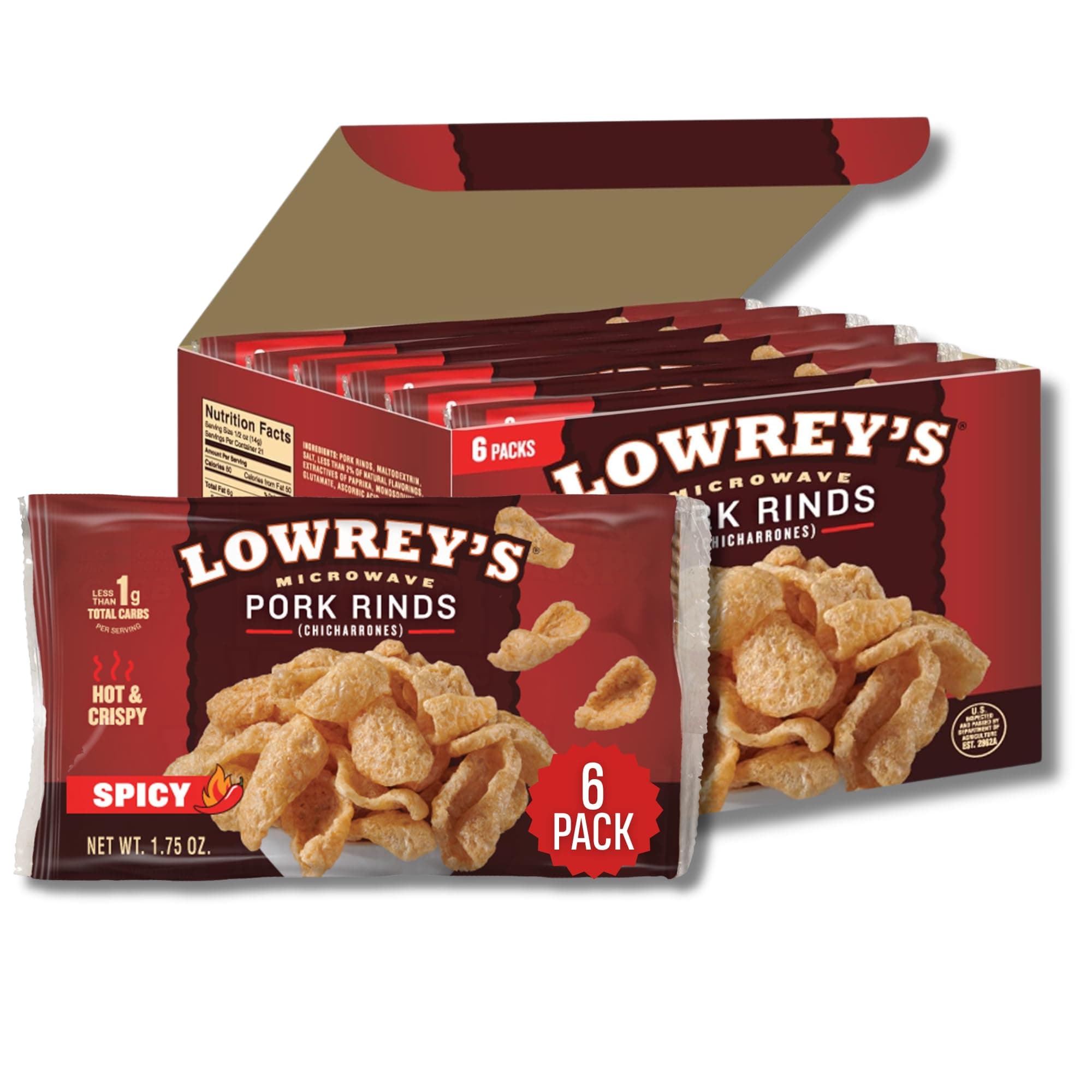 Lowrey Curls Bacon, Microwave Pork Rinds, Hot & Spicy, 1.75-Ounce Pack (6 Pack) Thank you for your Trust in our Services