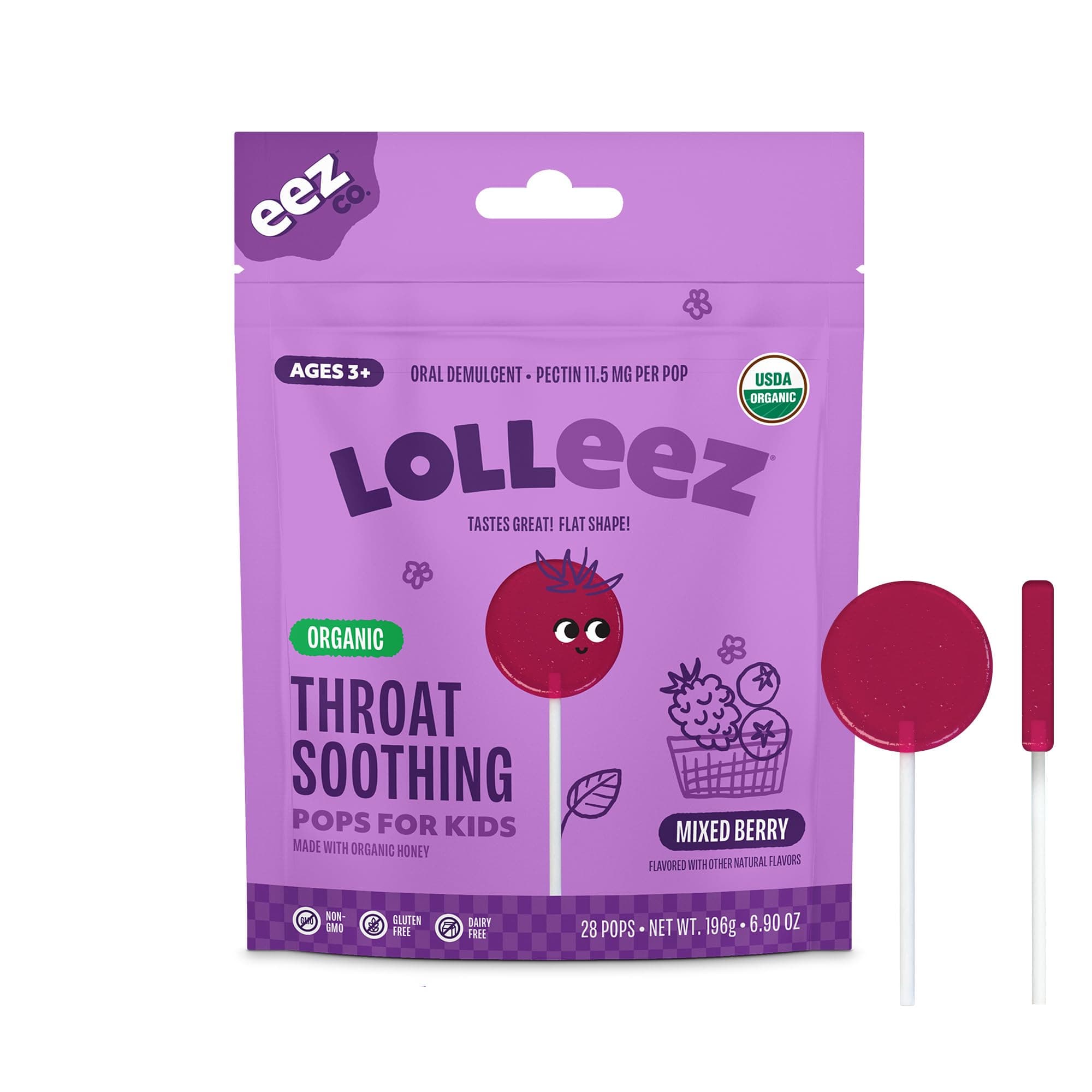 Organic Lollipops for Kids Sore Throat Relief, Mixed Berry Perfect for Soothing A Sore Throat While Tasting Great, Mixed Berry Flavor, 28 Count