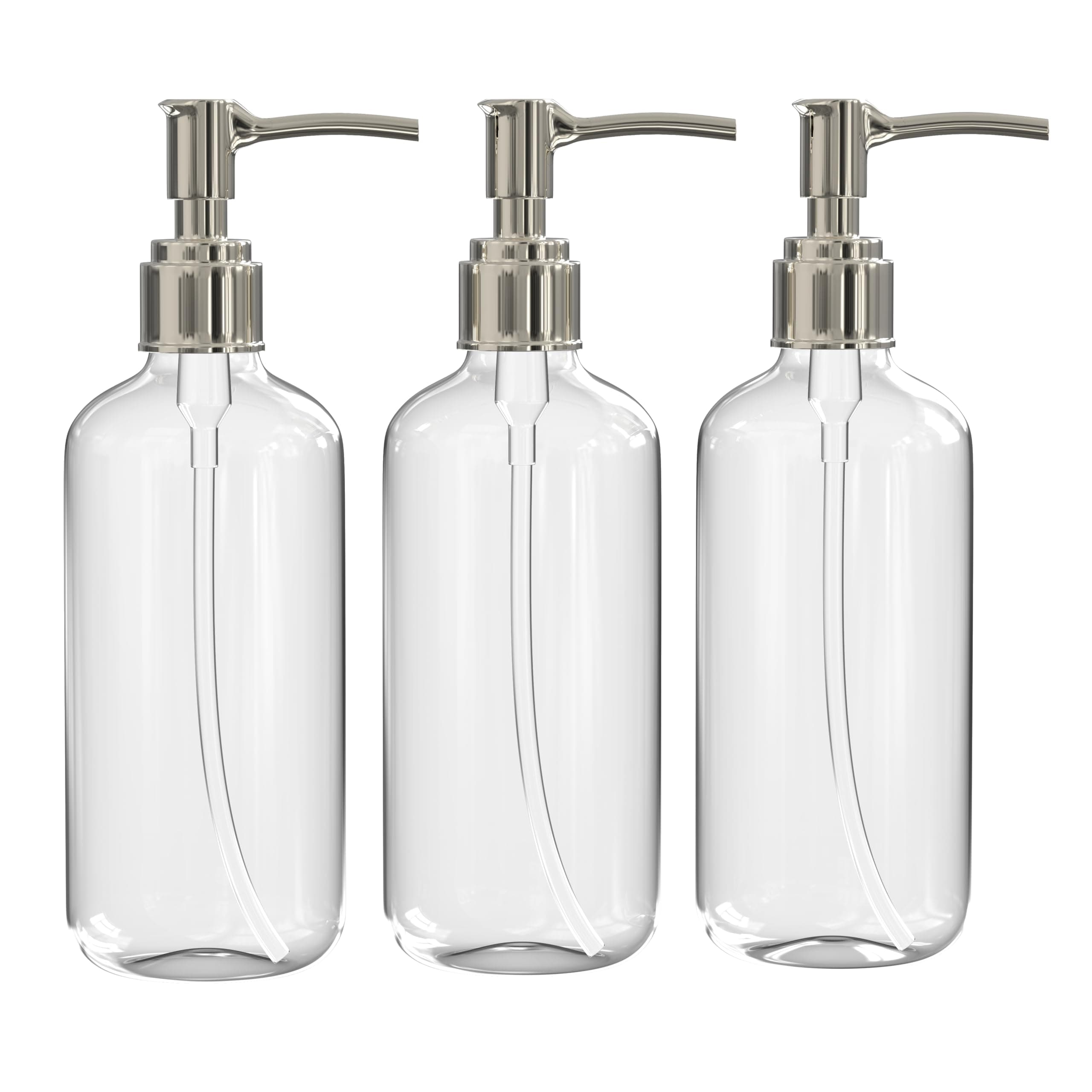 Refillable Clear Soap Dispenser Bottles with Pump, 16 oz (3 Pack) | BPA-Free Plastic Boston Round Containers for Hand Soap, Lotion, Shampoo, Kitchen & Bath