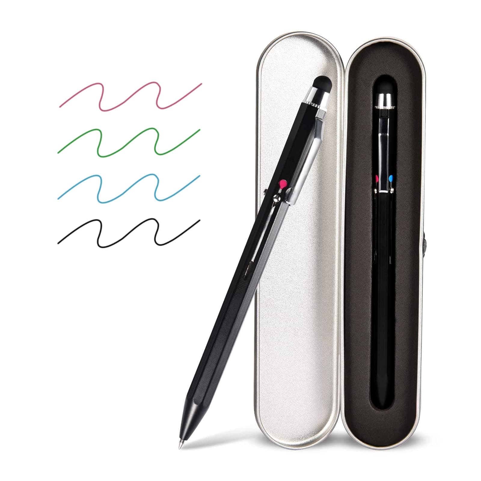 5-in-1 Stylus Pen&Multicolored Pen in One, Multifunction Pen with Metal Gift Box,Black Blue Red Green Ballpoint Pen Ipad with Universal Stylus Multicolor Pen for Touch Screens（Black）