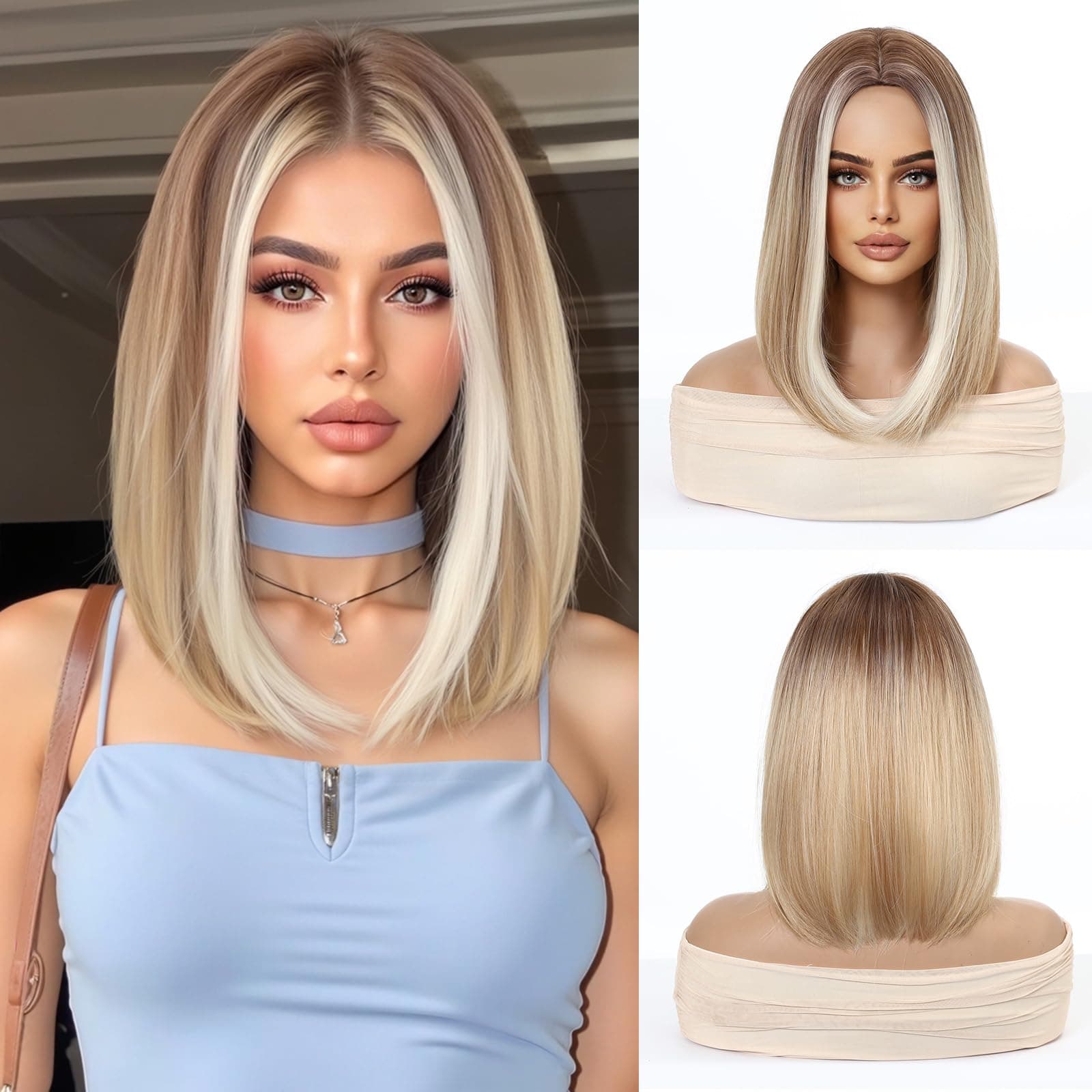 Esmee Short Straight Blonde Bob Wig for Women Natural Synthetic Hair Ombre Wigs with Brown Roots Cosplay Daily Party Use -14 Inches