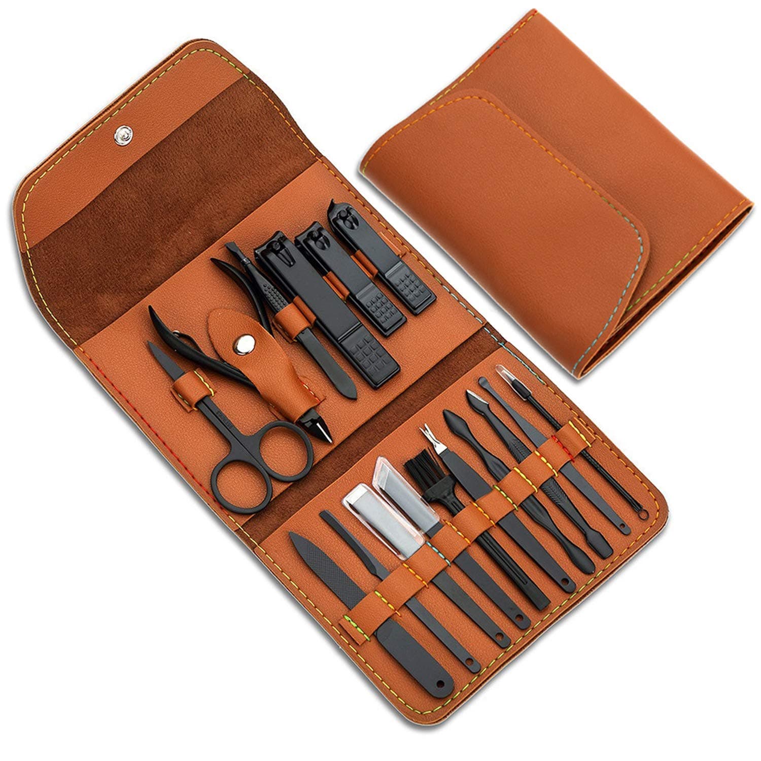 atimier Gifts for Men/Women, Stainless Steel Manicure Set with PU leather case, Personal care tool (brown)