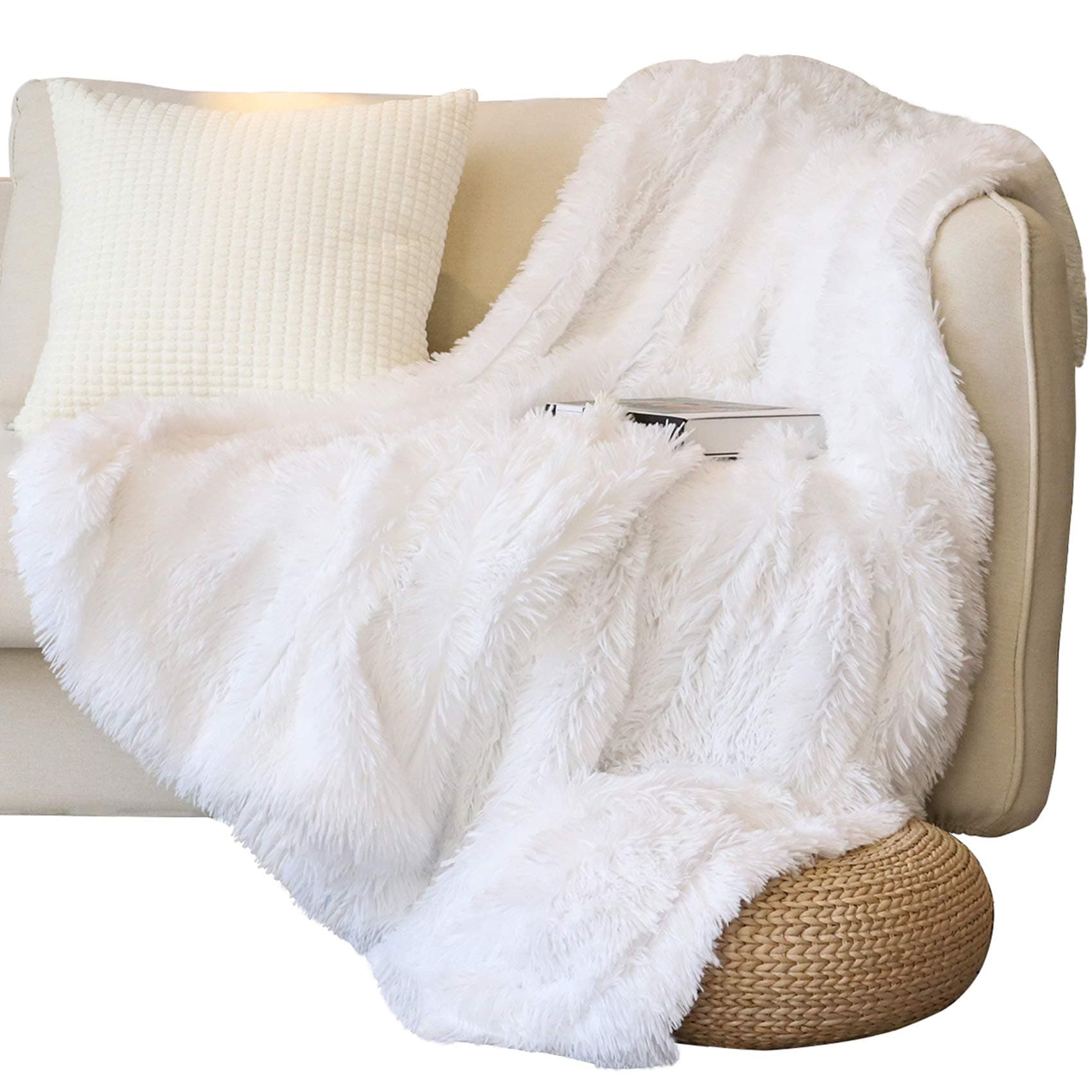 Tuddrom Decorative Extra Soft Faux Fur Throw Blanket for Couch Sofa Bed (Pure White, 50" x 60")