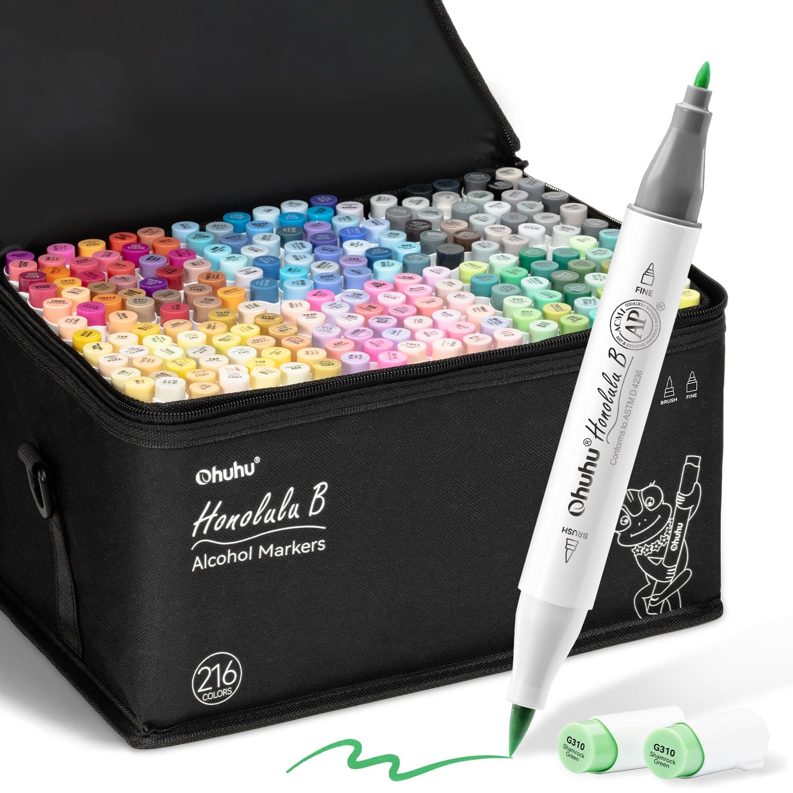 Alcohol Based Brush Markers -Double Tipped Art Marker Set for Artists Adults Coloring Sketch Illustration - Brush & Fine Dual Tips - 216 Colors - Honolulu B of Ohuhu Markers