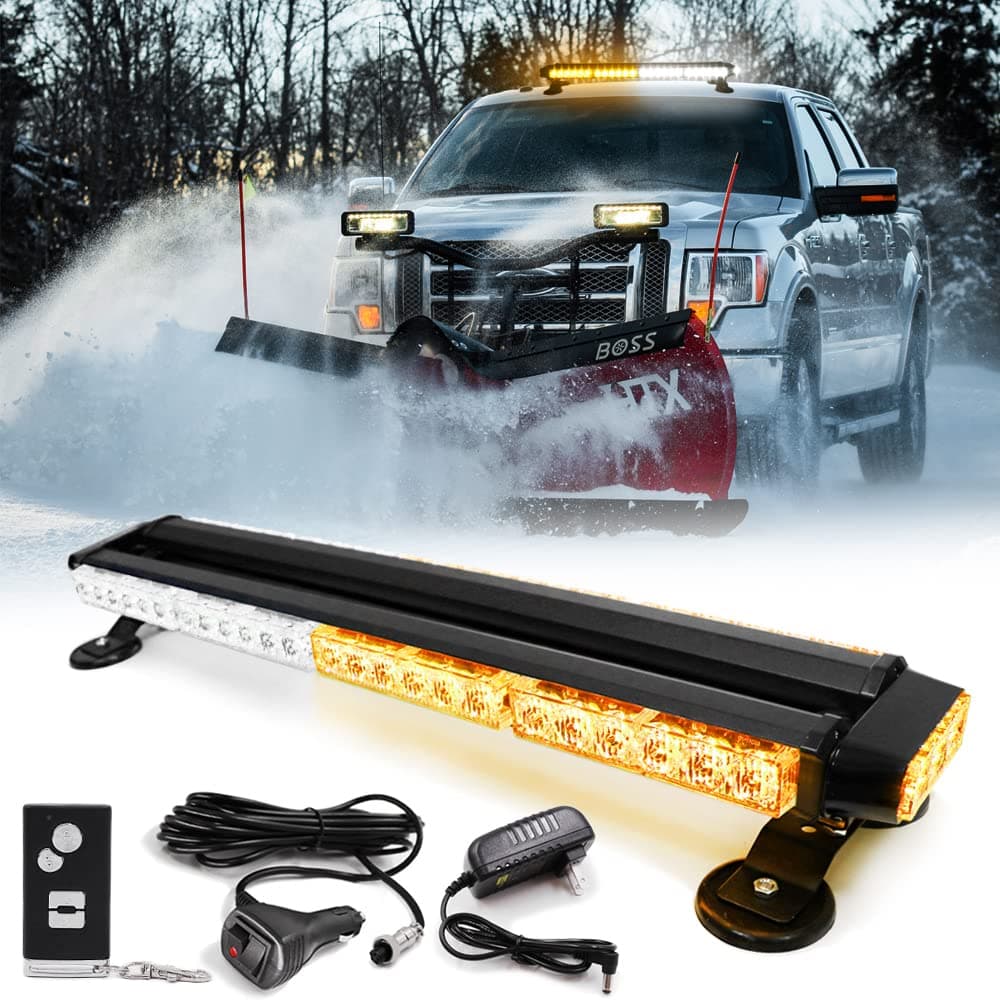 FOXCID Wireless Rechargeable Battery 26" LED Rooftop Double Side Emergency Hazard Strobe Light Bar w/Magnetic Base,Remote Control for Safety Construction Vehicles Trucks Pickup Snowplow,White Amber