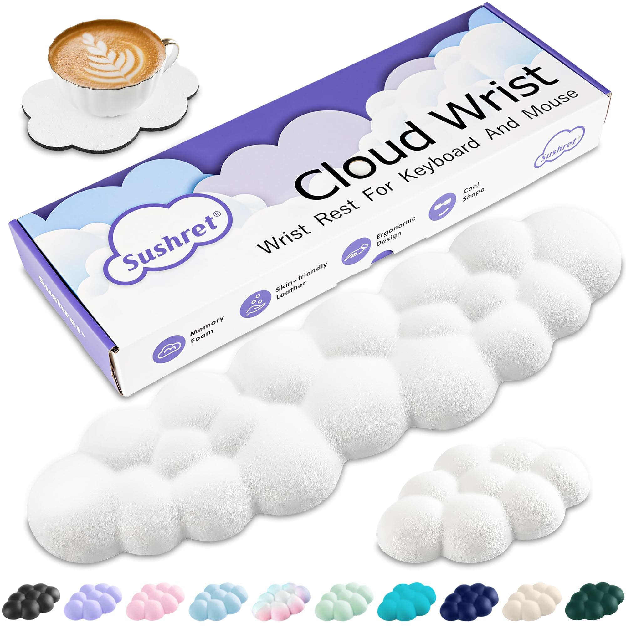 Wrist Rest Cloud, PU Leather Memory Foam Cloud Palm Rest Set, Cute Wrist Rest Keyboard for Wrist Support and Armrest, Desk Cloud Wrist Pad for PC/Game/Hand Cushion/Computer (White)