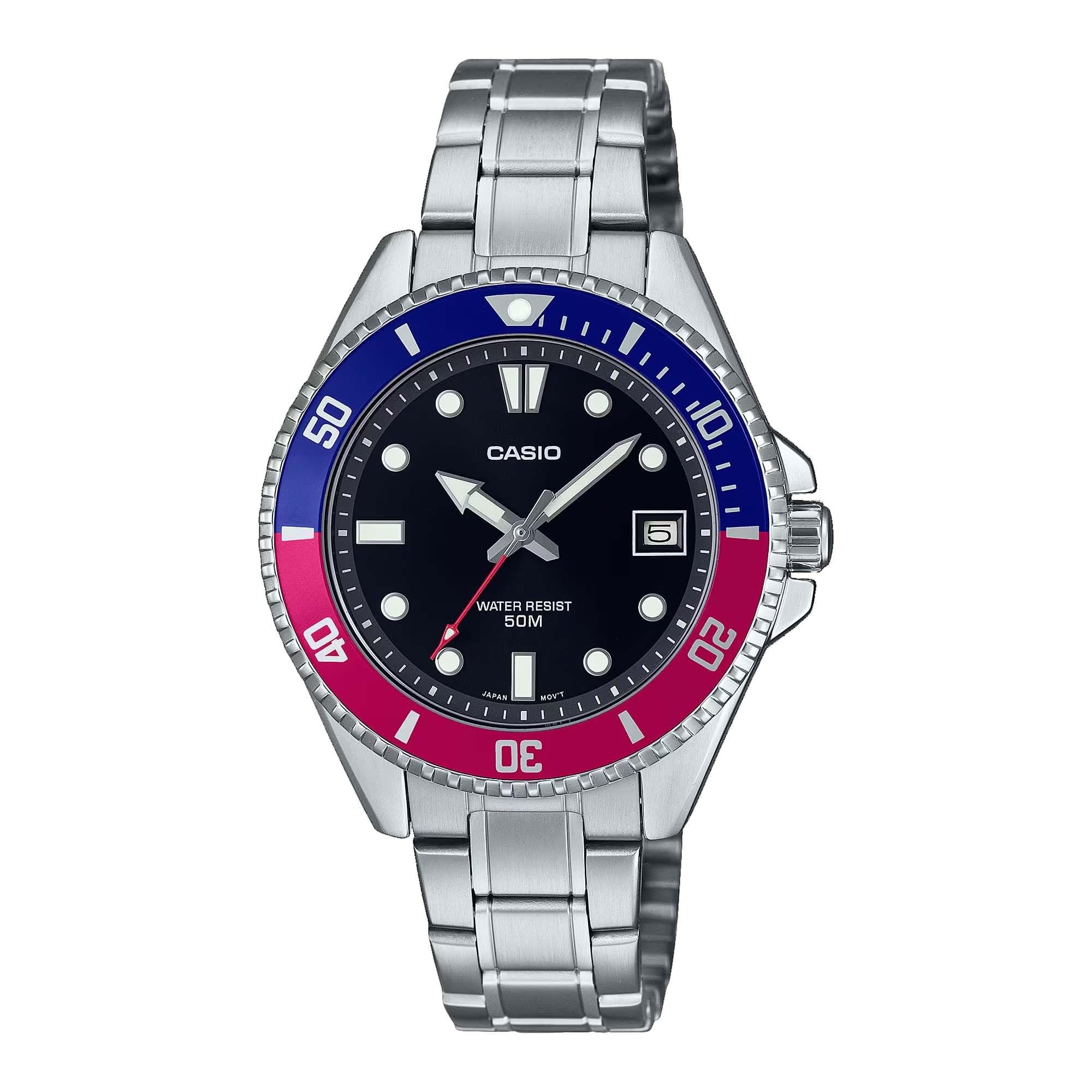 MDV10D-1A3V Unisex Dive Inspired 38 mm Stainless Steel Black Dial Sports Watch (Red/Blue)