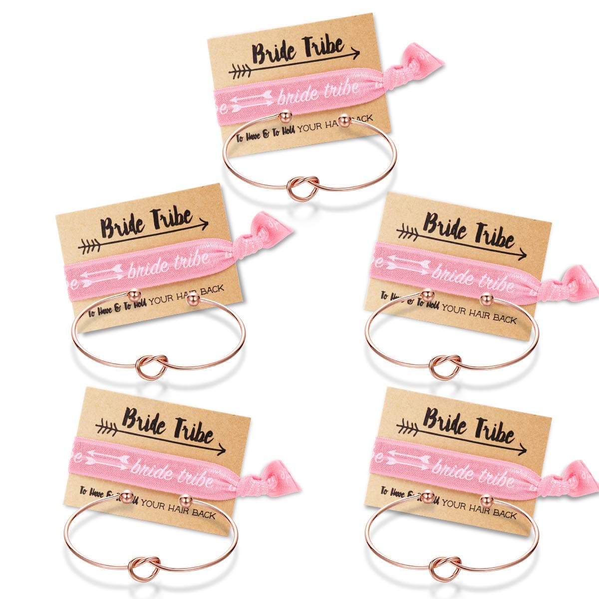 Bridesmaid bracelets-Ikooo 5 pcs Love Knot Open Bangle With Bride Tribe Hair tie for Best Friend, BFF of the Bride wedding Gift