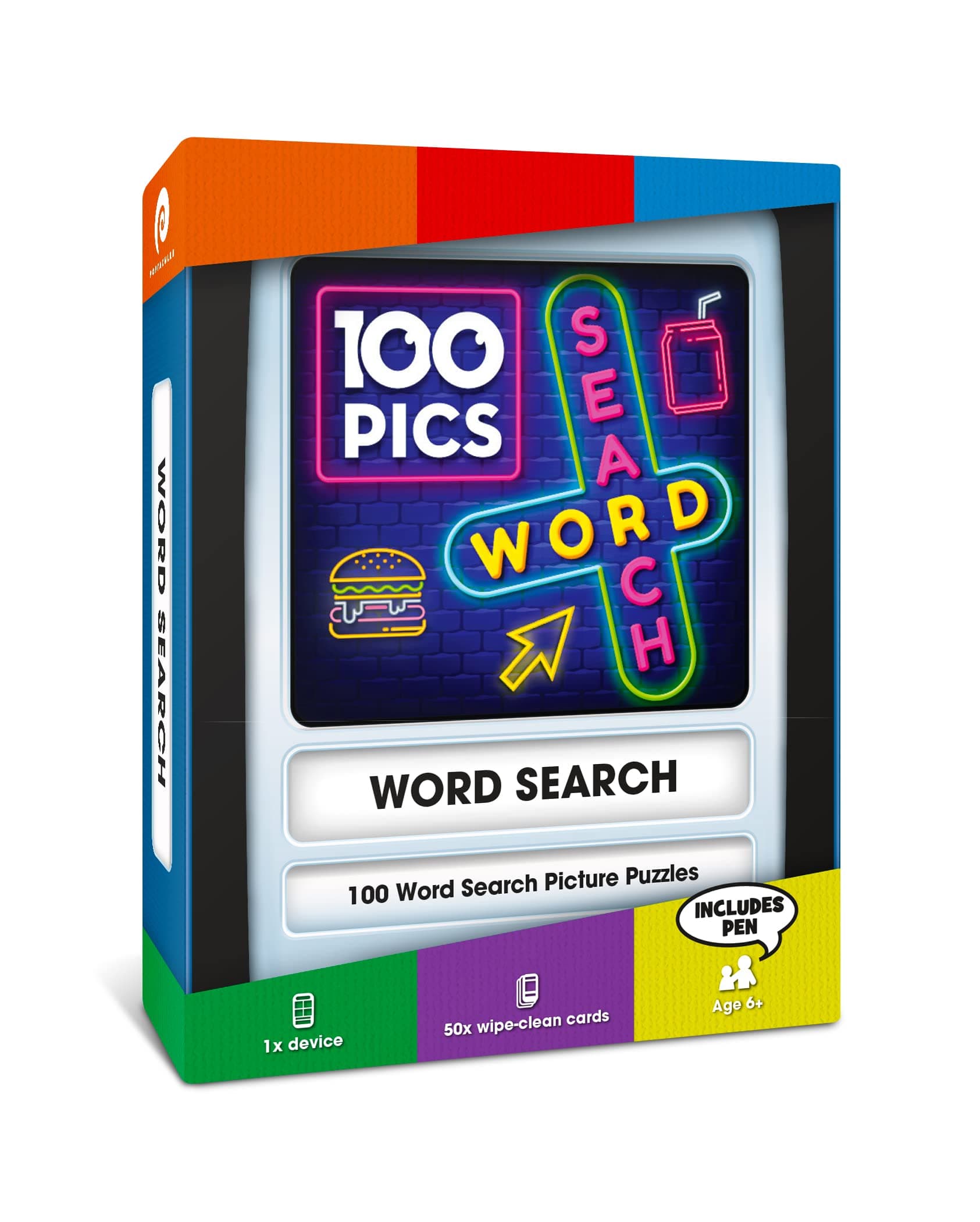 100 PICS Word Search Travel Game - 100 Puzzles with picture clues | 50 wipe clean cards, slide reveal case & pen | Activity, Gift, Stocking Filler | For kids & adults, Age 6+
