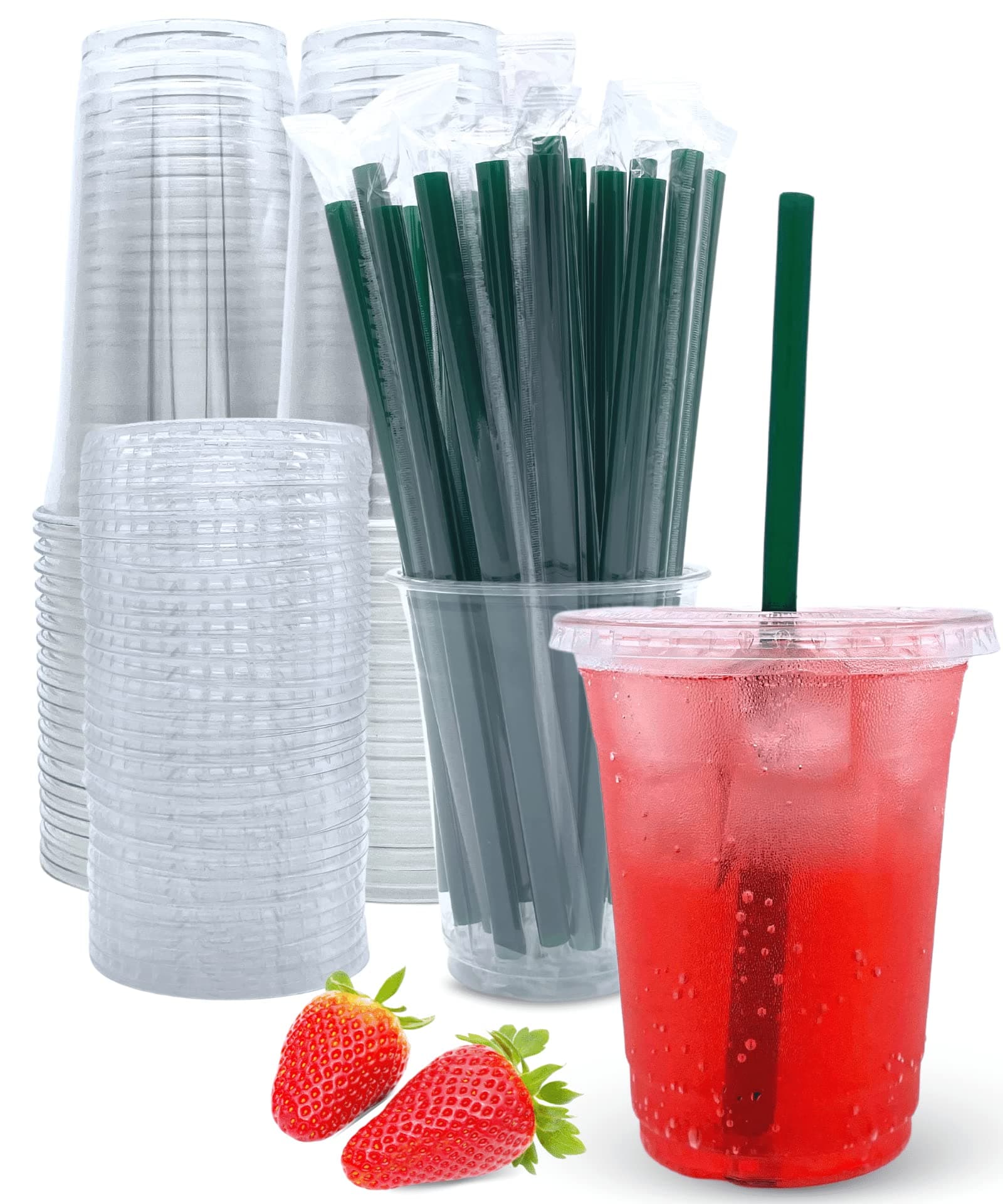 12 oz Clear Plastic Cups with Lids and Straws, Disposable Coffee Cups 25 Sets