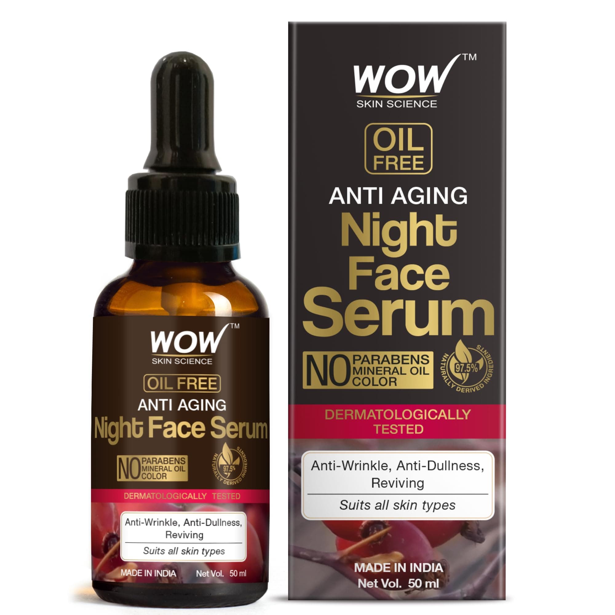 WOW Skin Science Anti Aging Night Face Serum - OIL FREE - Anti Wrinkle, Anti Dullness, Reviving - No Parabens, Silicones & Color - 50ml