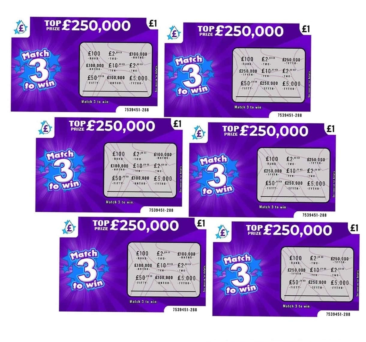 6 X Fake Joke Scratch Cards - Winning Lottery Ticket Practical Prank- Every card appears to win £100,000 or £250,000