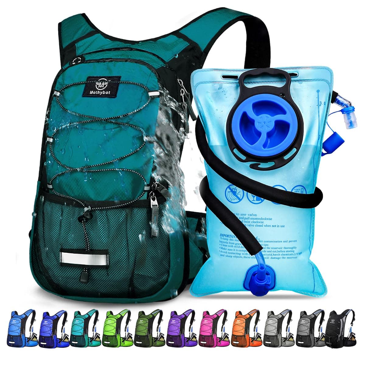 Insulated Hydration Backpack Pack with 3L BPA Free Leak Proof Water Bladder, Large Storage Lightweight Hiking Daypack with Waist Pouches & Cooler Layer, for Running, Biking, Camping, Festival