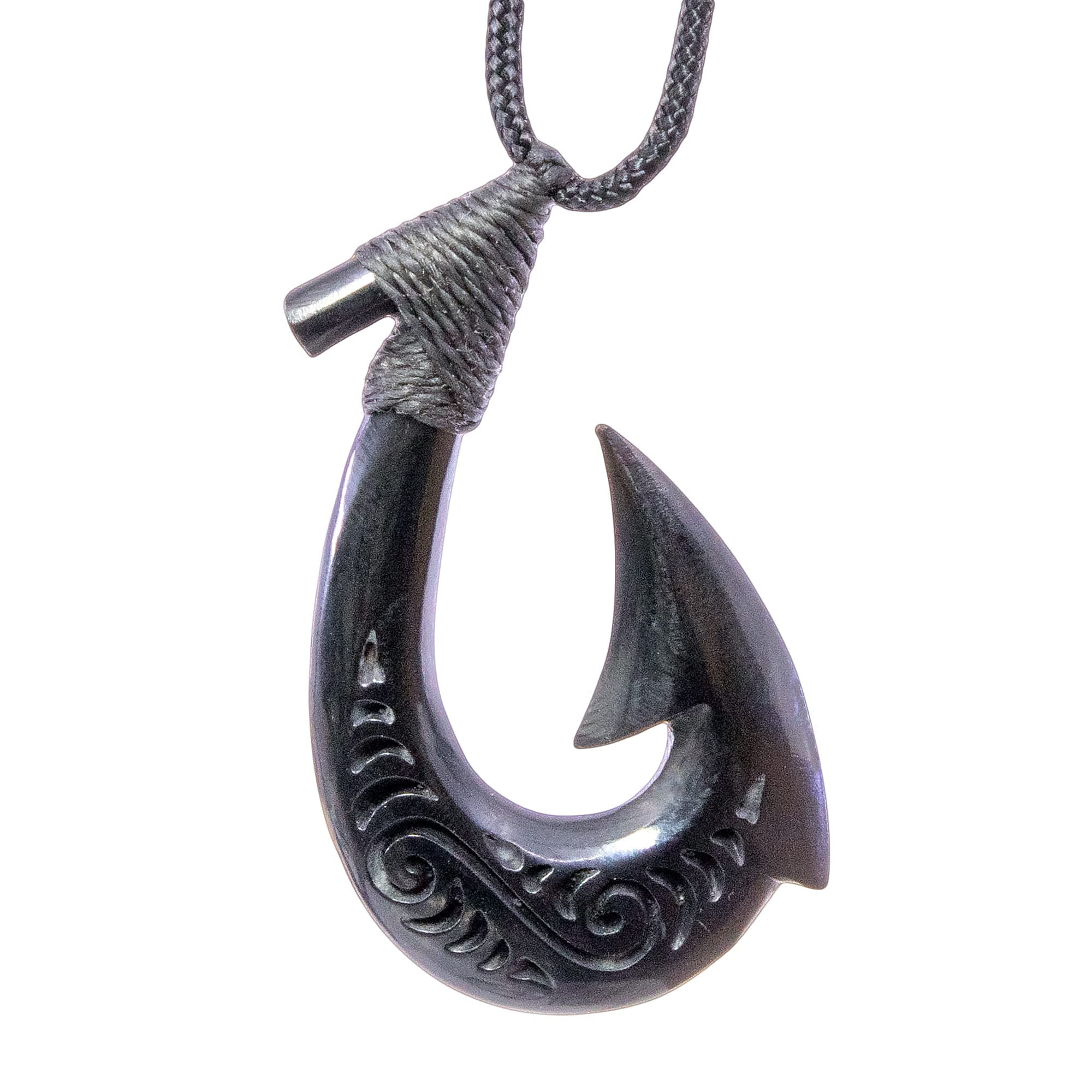 Stylized Maori Hawaiian Black Horn Fish Hook Necklace with Scrimshaw - Small