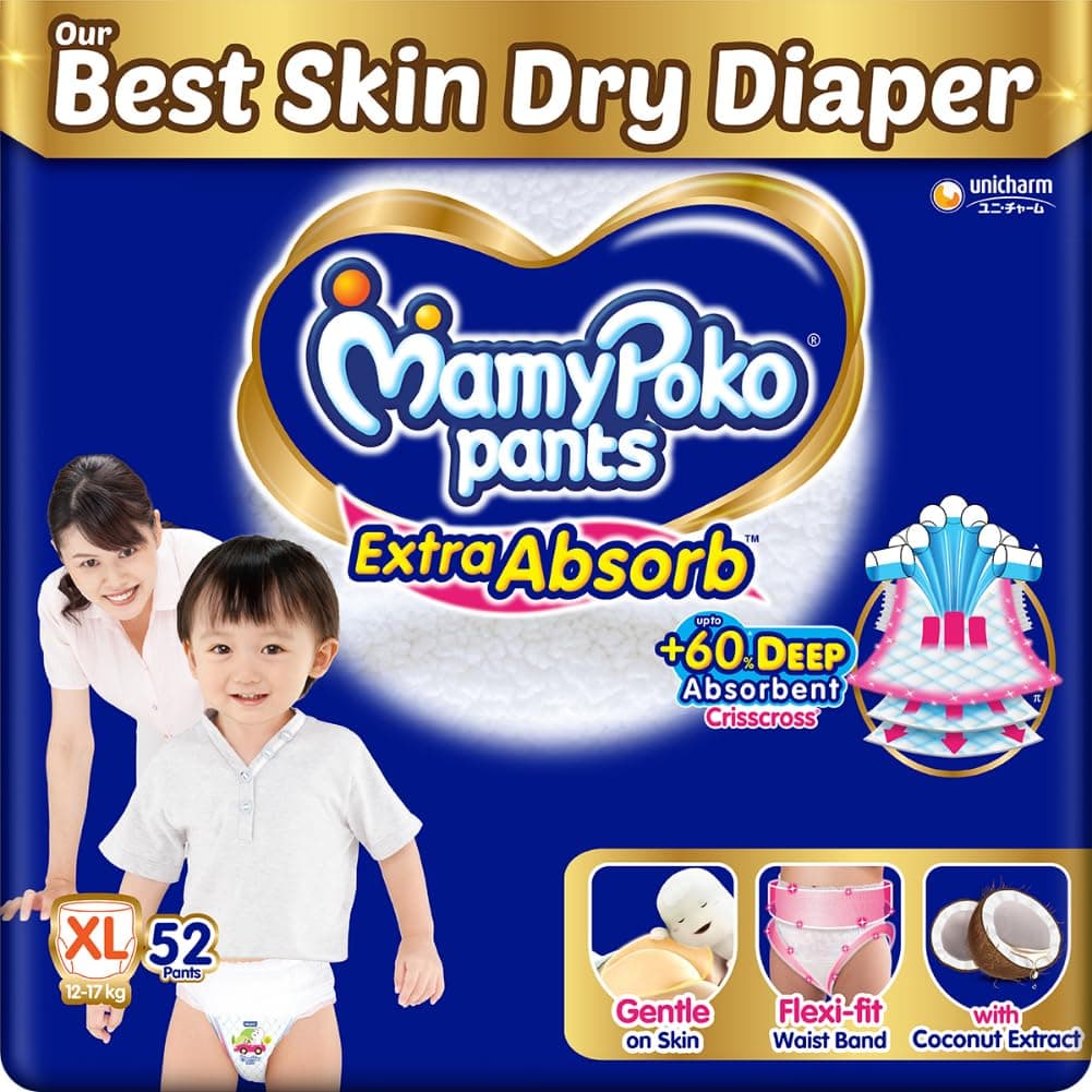 MamyPoko Pants Extra Absorb Baby Diapers, Extra Large (XL size) | 12-17 kg | 52 Count |Deep Sleep Diapers| Soft gentle fit |Deep Absorbent Crisscross | skin friendly with coconut oil |
