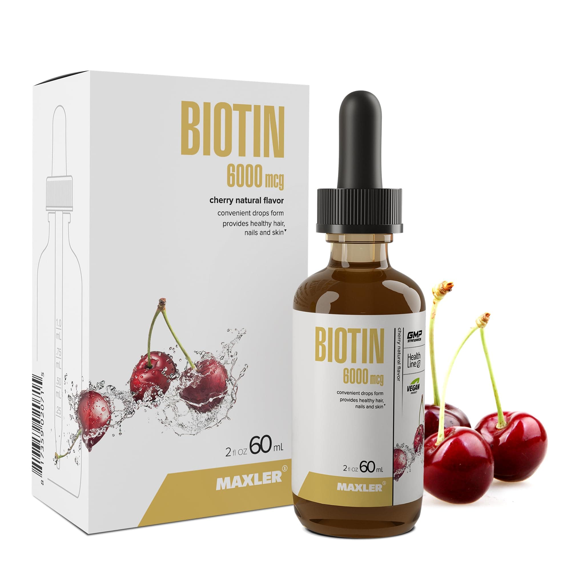 MaxlerLiquid Biotin Drops - Vegan Biotin Vitamins for Hair Skin and Nails - Biotin Supplement for Metabolism of Carbohydrates, Proteins & Fats - 6000mcg of Biotin Liquid Per Serving - Cherry Flavor