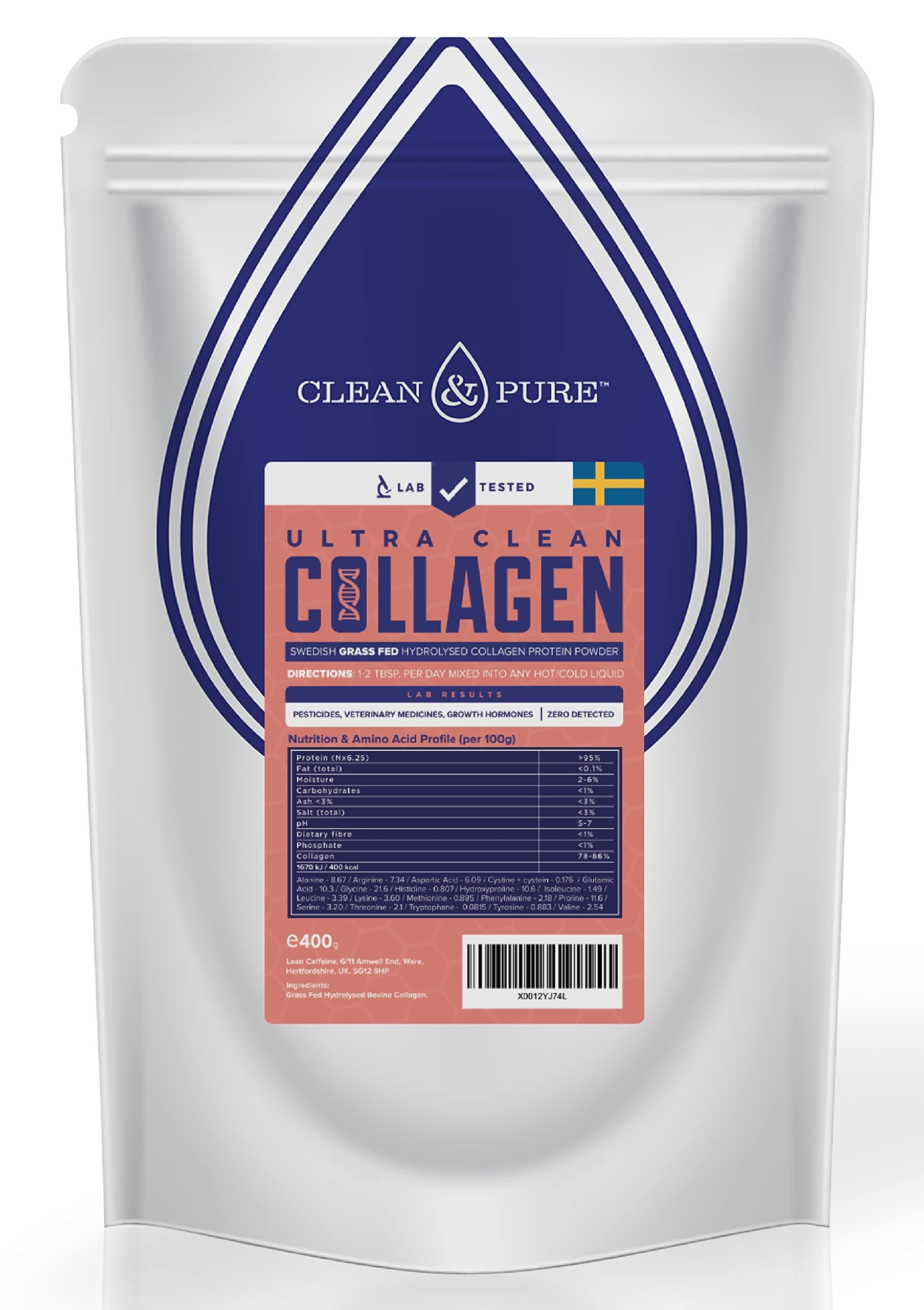 Clean & Pure Lab -Tested Bovine Collagen Protein Powder – Collagen Peptides Supplements for Men & Women – No Growth Hormones or Vet Meds – UK’s Verified Lab-Tested Collagen from Sweden – 400g(1 Pack)