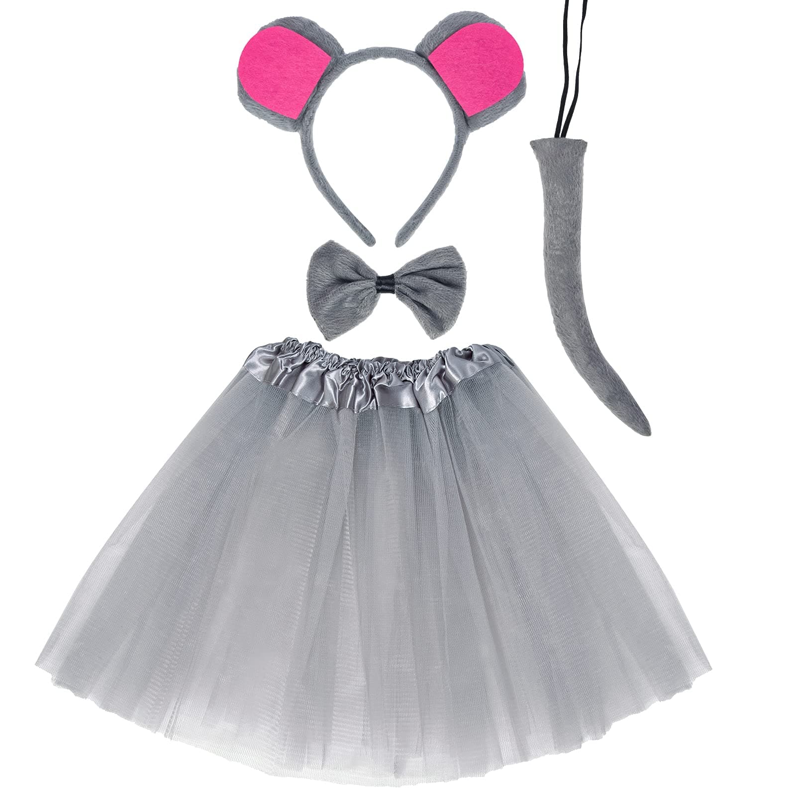 Gray Mouse Costume Tutu Set, Mouse Ear Headband Bowtie Tail Tutu for Halloween Cosplay Party Dress Up Accessories