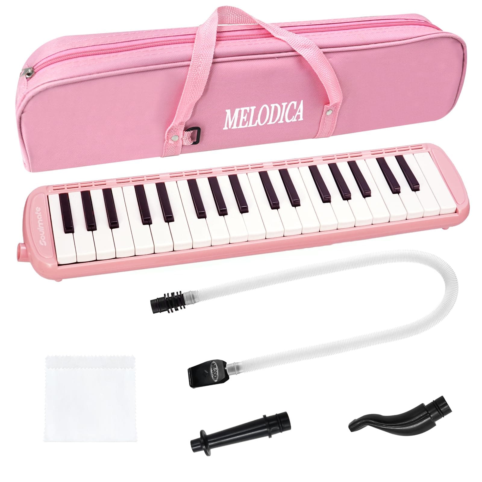 Soulmate 37 Key Melodica for Kids, Beginners, Adults, Soprano Air Piano Keyboard with Soft Long Tubes, Short Mouthpieces & Carrying Bag Pink Musical Instrument Gift