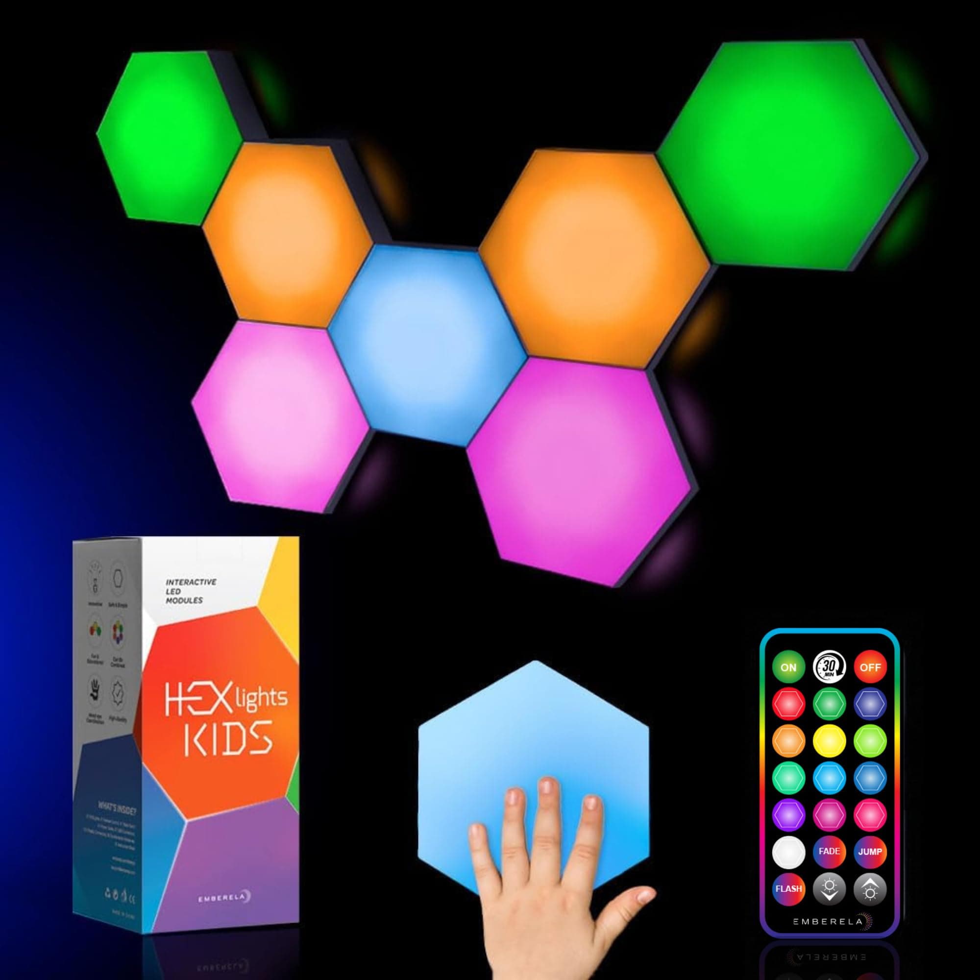 HEXlights Kidz Sensory Lights — Touch Activated 13 Colors, 7pk Hexagon LED lights, Remote Controlled—Enjoyed by Kids as a Tap Tap Wall Light or a bedside lamp for Sensory Room — Table stand included