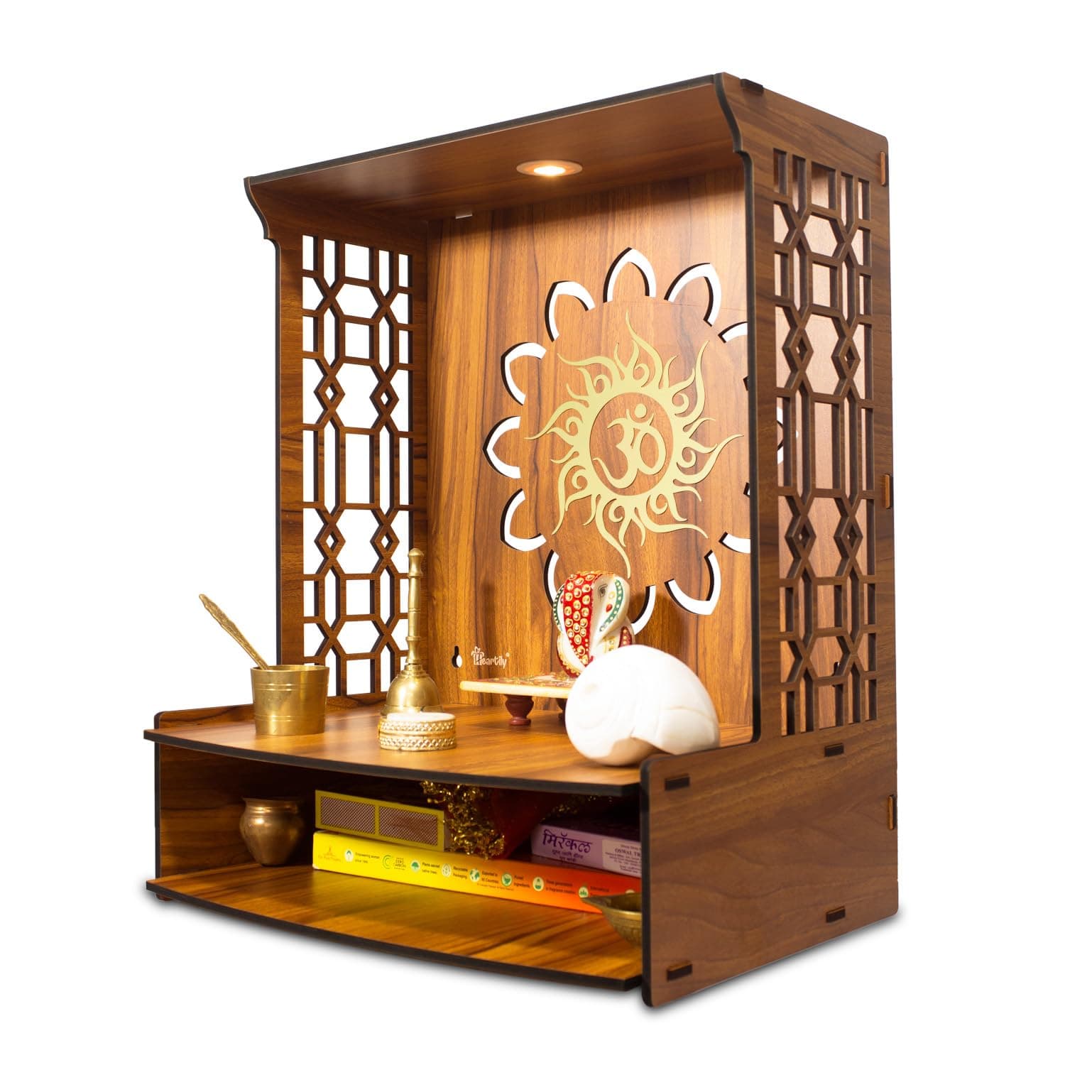 Heartily ® Maha Mangal Beautiful Wooden Pooja Mandir For Home Temple For Home And Office Puja Mandir Wall With LED Spot Light Size (H- 18, L- 15 , W-11 Inch) 38.1X27.9X45.7 Cm, Brown