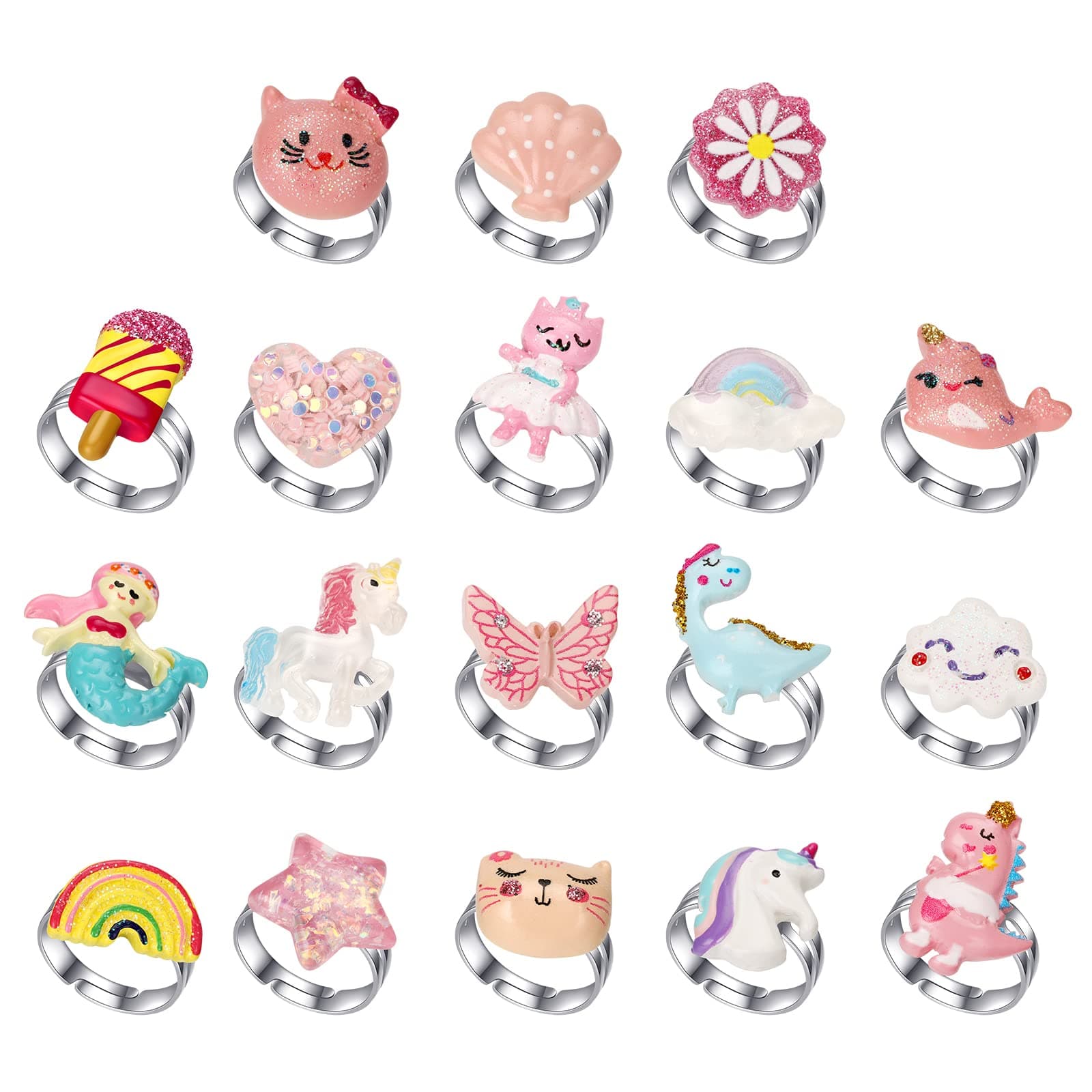 Children's Butterfly Ring - Toddler Unicorn Ring - Adjustable Little Girls Mermaid Jewelry Set - Cute Girls Play Party Favor Rings