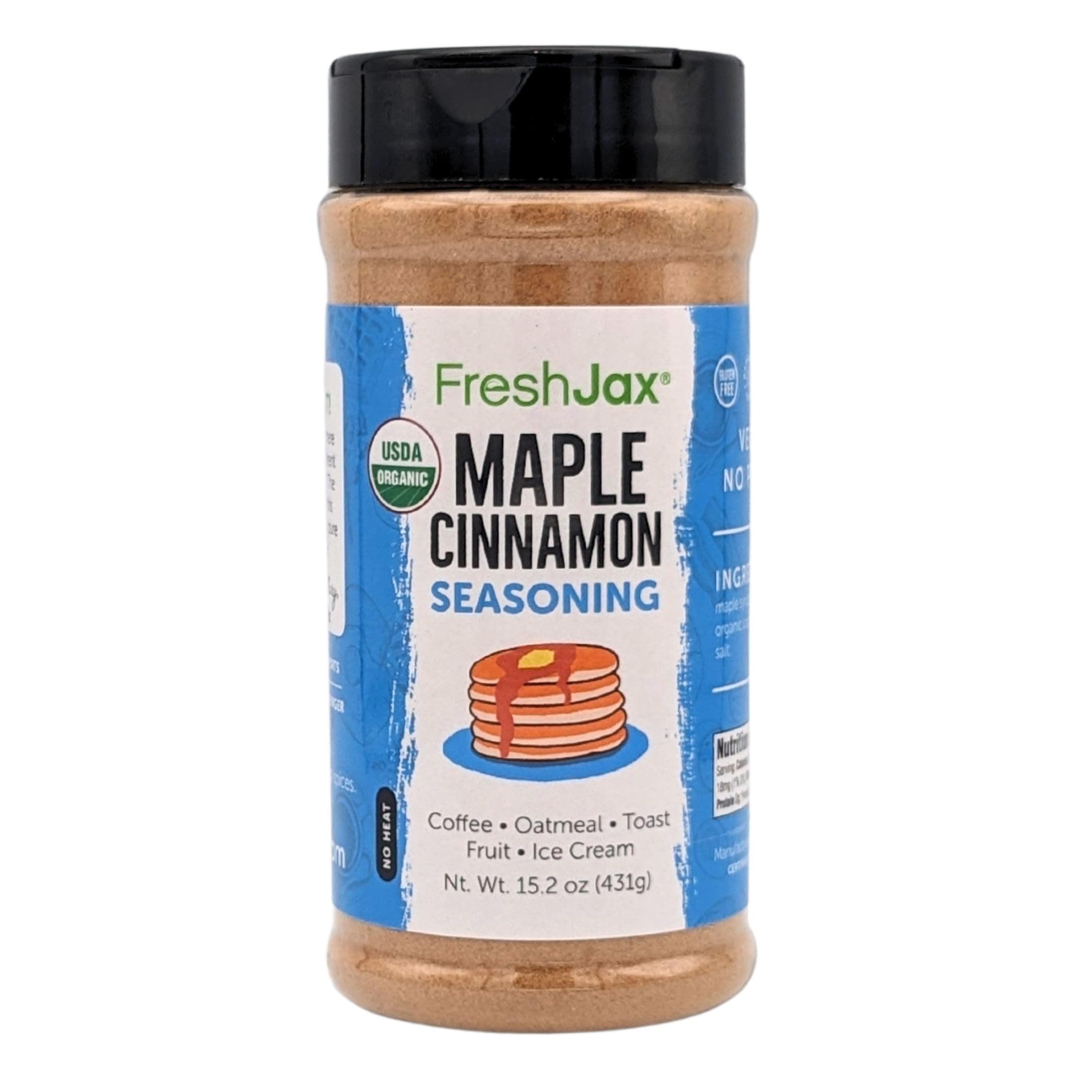 FreshJax Premium Gourmet Organic Spice Blends (Organic Maple Cinnamon: Topping) Extra Large Bottle | Plant-Based Gluten-Free Certified Kosher Certified Organic