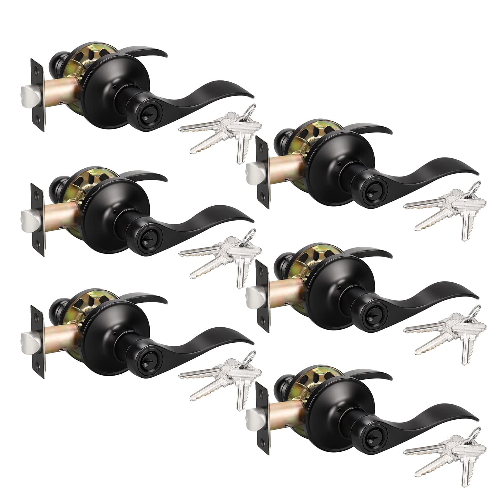 KNOBWELL 6 Pack Entrance Lever Door Handle(for Office/Front Door) Entry Door Handle Set Reversible for Right/Left, Keyed Alike/Combo Keys, Matte Black Finish