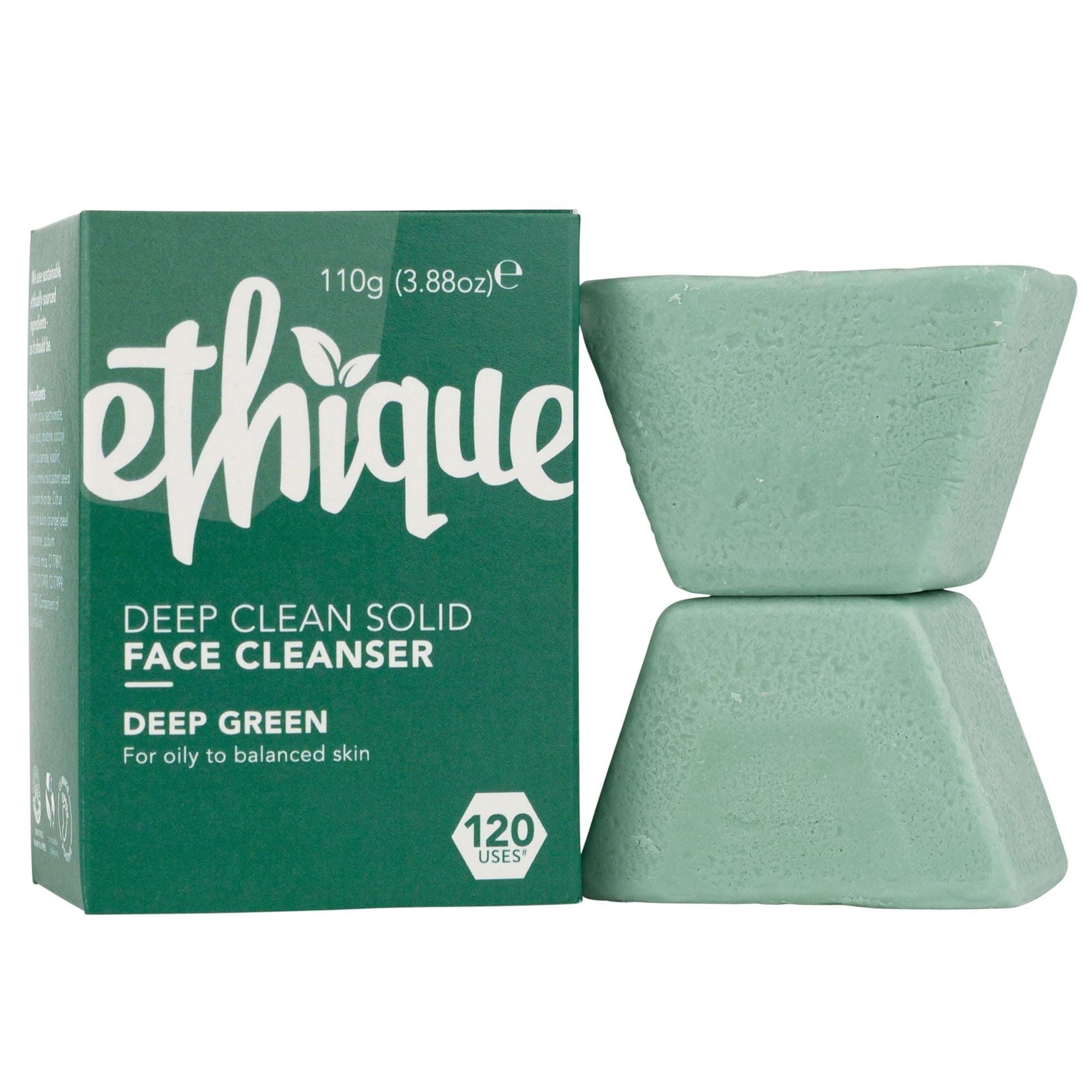 Ethique Deep Green - Deep Cleaning Solid Natural Face Cleanser for Oily to Balanced Skin -Vegan, Eco-Friendly- Zero-Waste, Plastic-Free, Cruelty-Free, 3.53 oz (Pack of 1: 4 Bars)