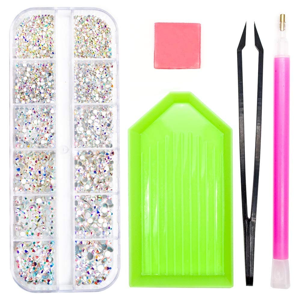 2320 Pieces Crystals Glass AB Nail Art Rhinestones, SS4/5/6/8/10/12 Mixed Nail Gems Stones, Flat Back Round Nail Diamonds with Storage Organizer Box/Picker Pencil/Tweezers for Face Clothes Shoes Decor