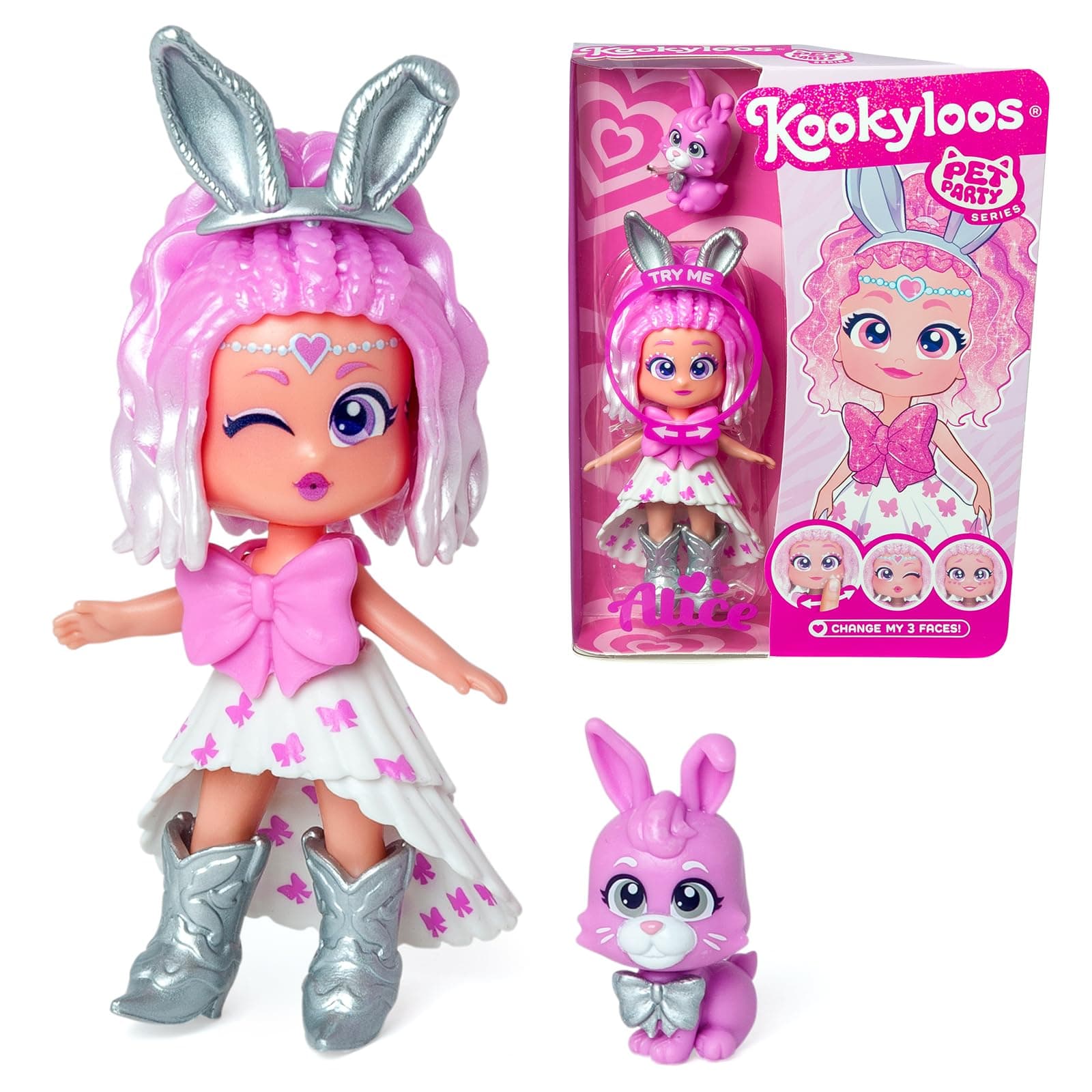 Pet Party ALICE – Alice Doll With Rabbit Pet, 3 Faces, Outfit, Shoes and Accessory