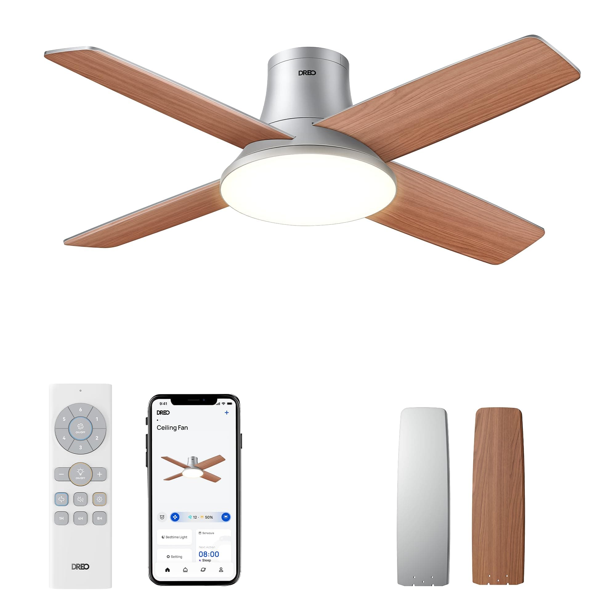 Dreo 44 inch intelligent ceiling fan with lighting and remote control, 6-stage adjustable lighting and 5 shades, easy installation, reversible ceiling fan with one